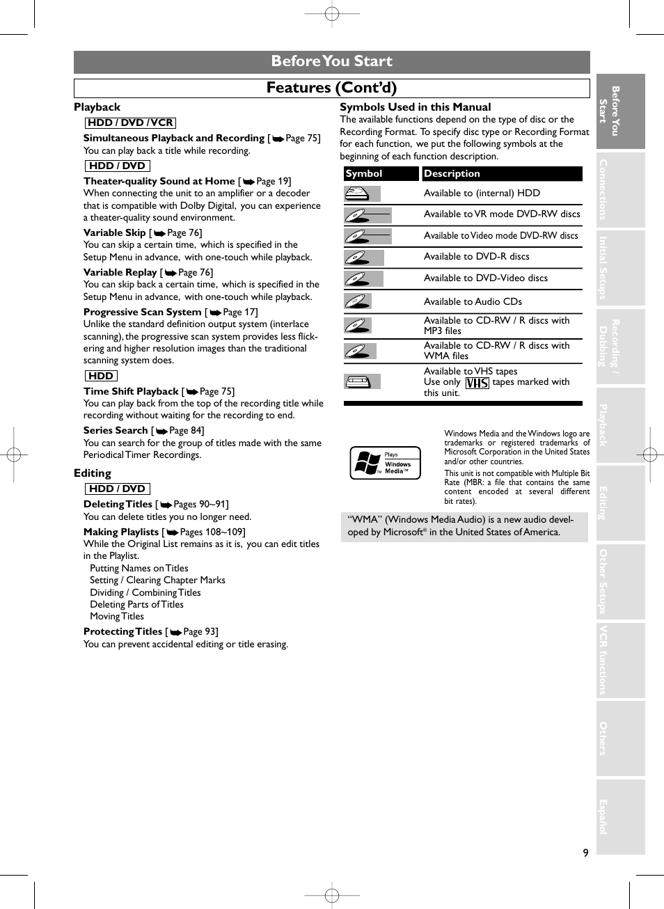 Before you start features (cont’d) | Sylvania HDRV200F User Manual | Page 17 / 156