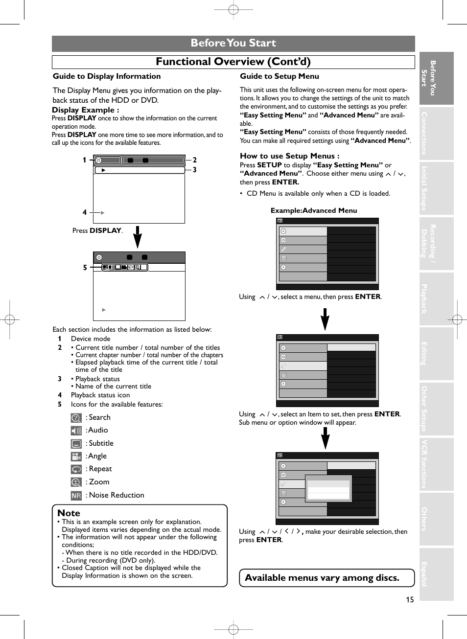 Before you start, Functional overview (cont’d), Available menus vary among discs | Display example, How to use setup menus | Sylvania HDRV200F User Manual | Page 23 / 156