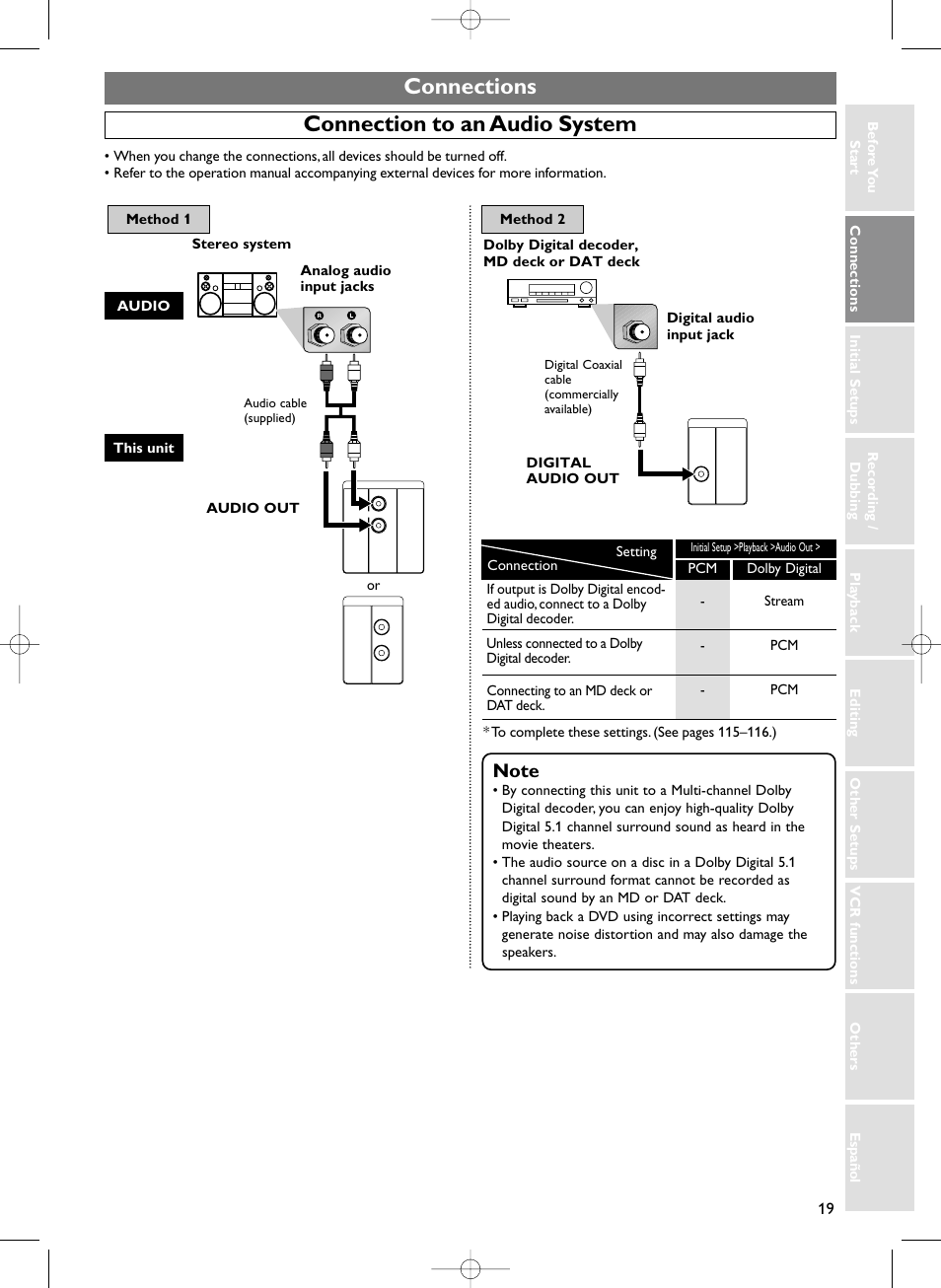 Connections, Connection to an audio system | Sylvania HDRV200F User Manual | Page 27 / 156
