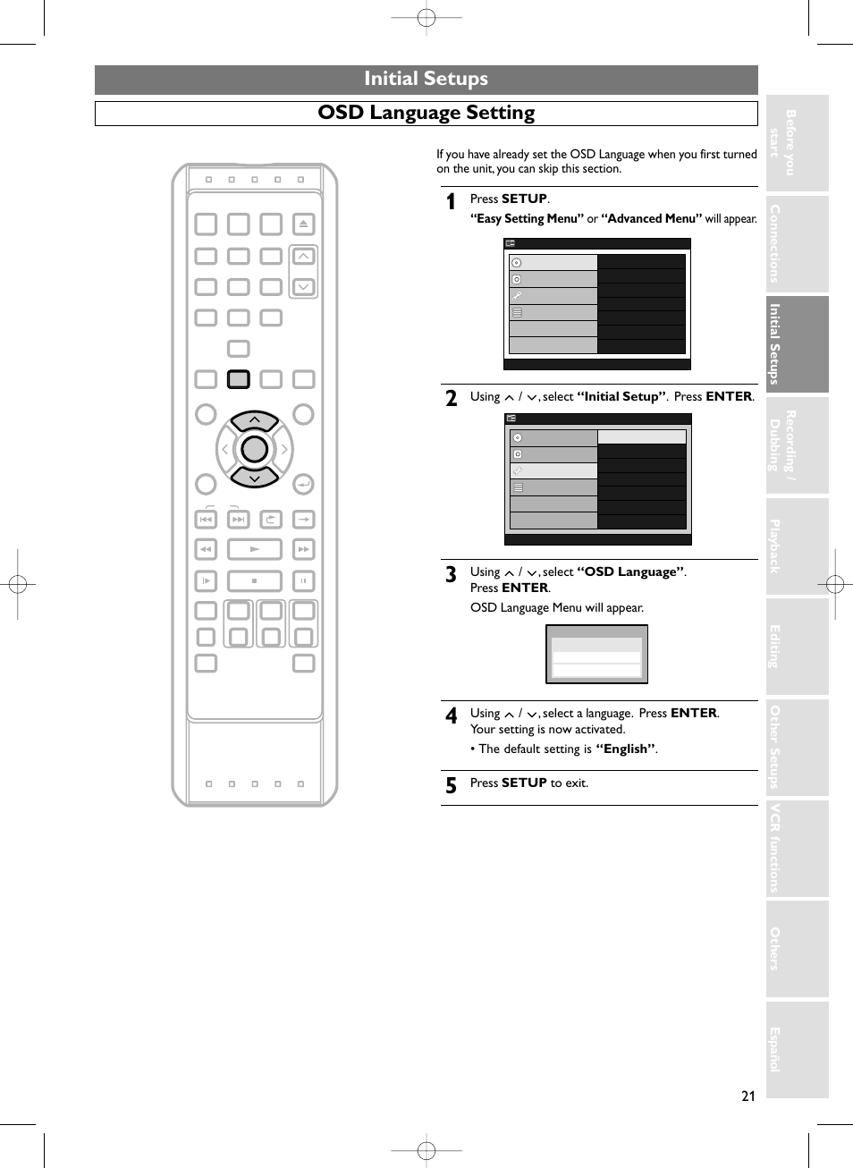 Initial setups, Osd language setting, Using / , select “initial setup” . press enter | Press setup to exit | Sylvania HDRV200F User Manual | Page 29 / 156