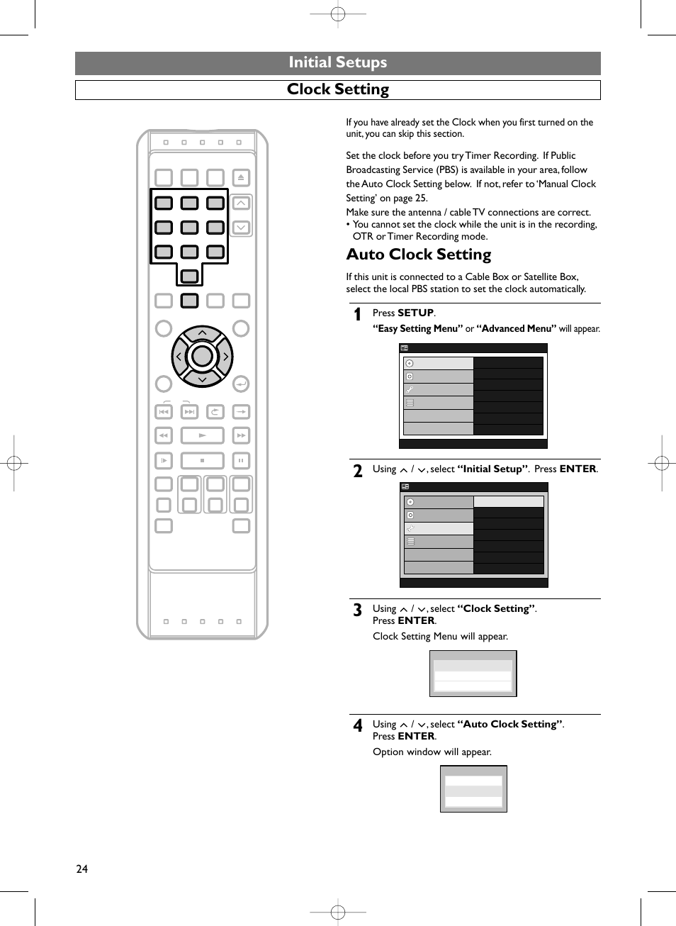 Initial setups clock setting, Auto clock setting, Using / , select “initial setup” . press enter | Sylvania HDRV200F User Manual | Page 32 / 156