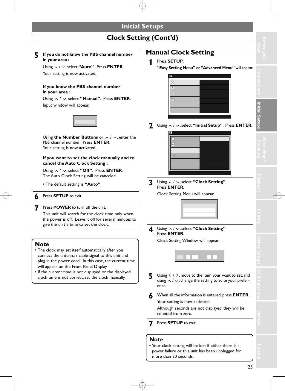 Initial setups, Clock setting (cont’d) manual clock setting | Sylvania HDRV200F User Manual | Page 33 / 156