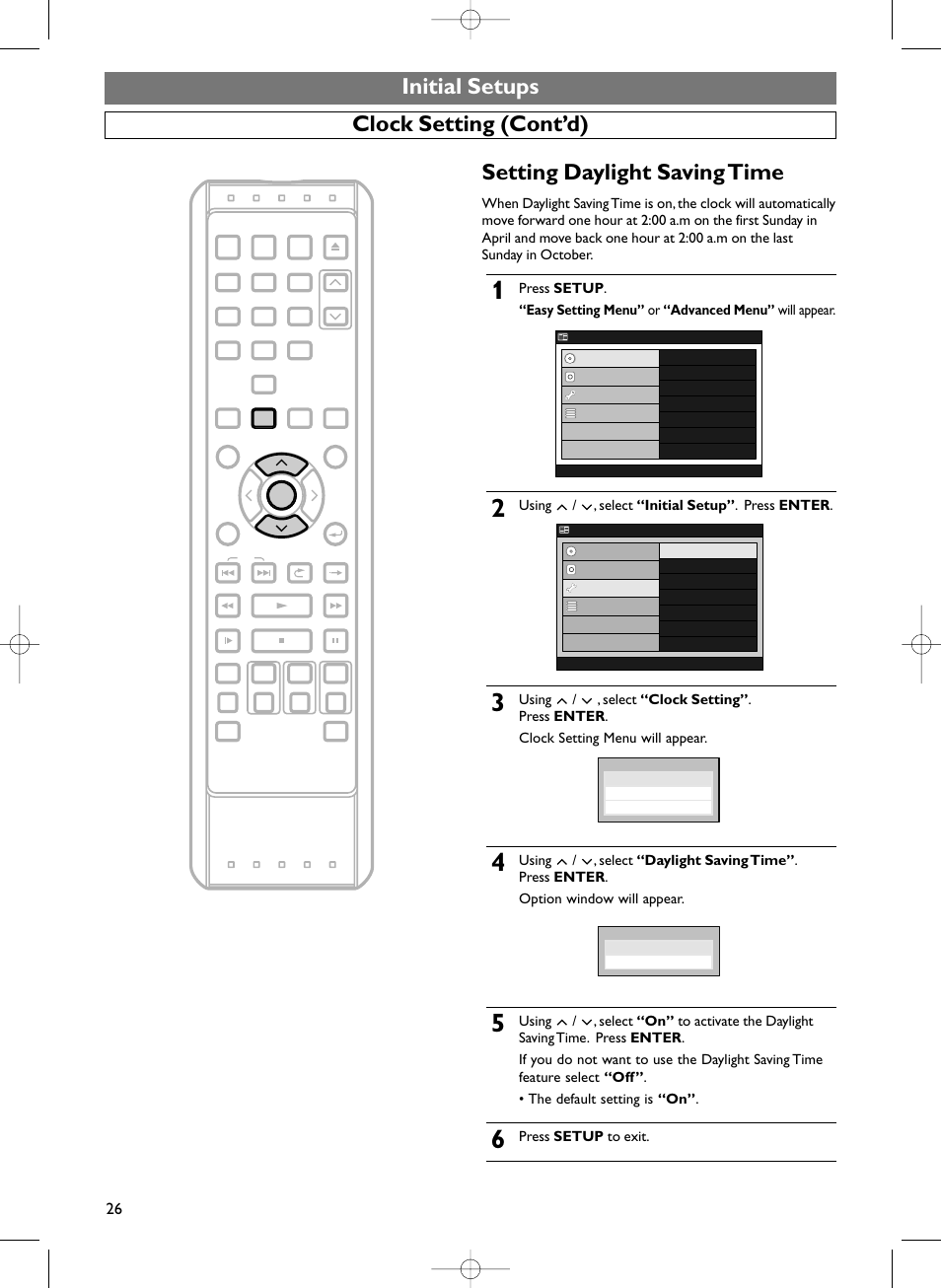 Using / , select “initial setup” . press enter, Press setup to exit | Sylvania HDRV200F User Manual | Page 34 / 156