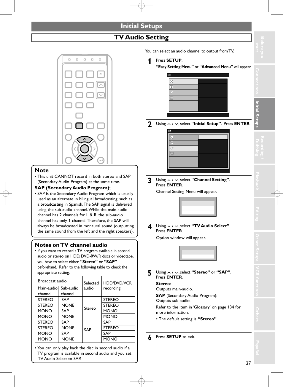 Initial setups, Tv audio setting, Sap (secondary audio program) | Sylvania HDRV200F User Manual | Page 35 / 156