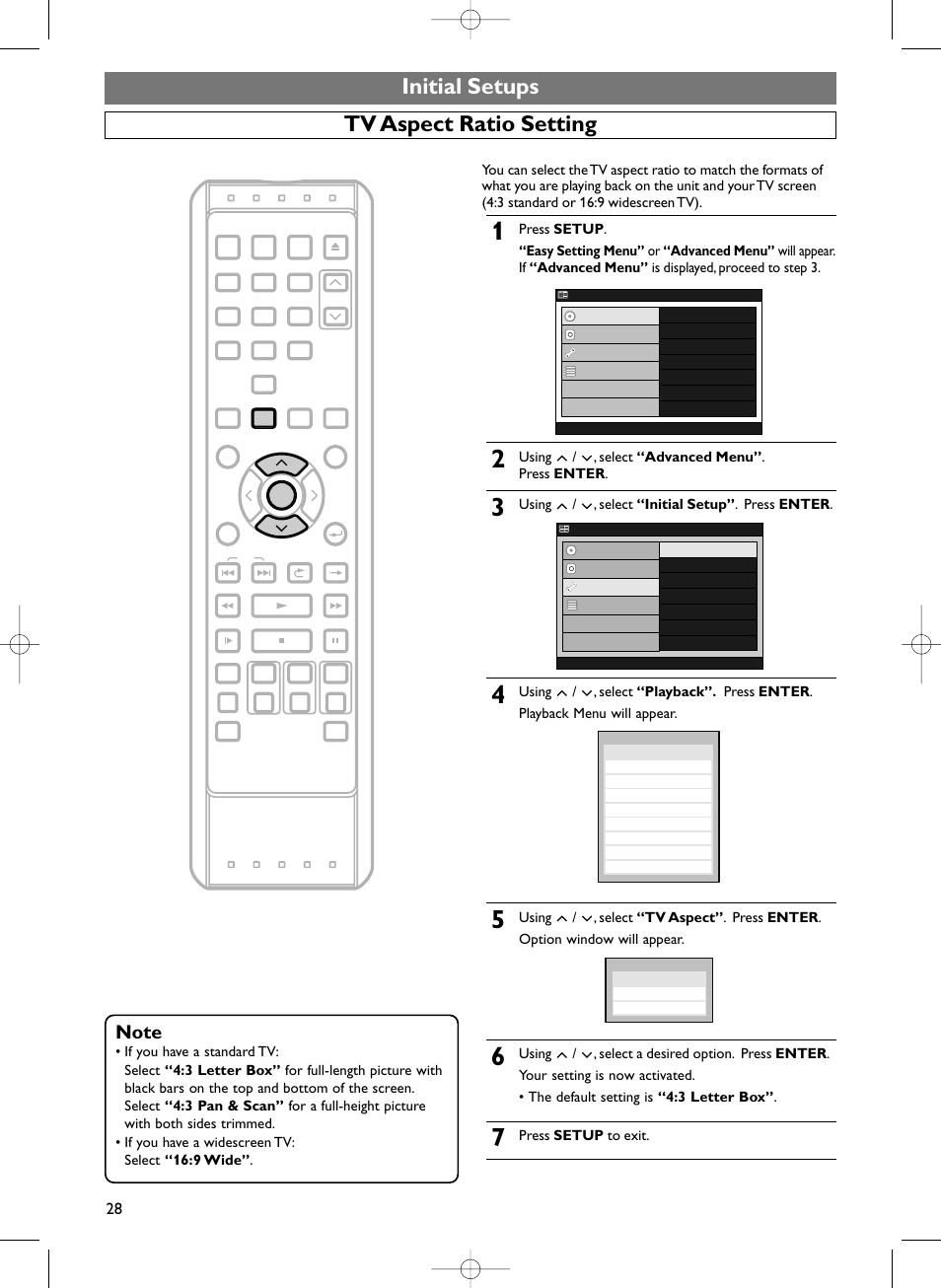 Initial setups tv aspect ratio setting, Using / , select “advanced menu” . press enter, Using / , select “initial setup” . press enter | Press setup to exit | Sylvania HDRV200F User Manual | Page 36 / 156