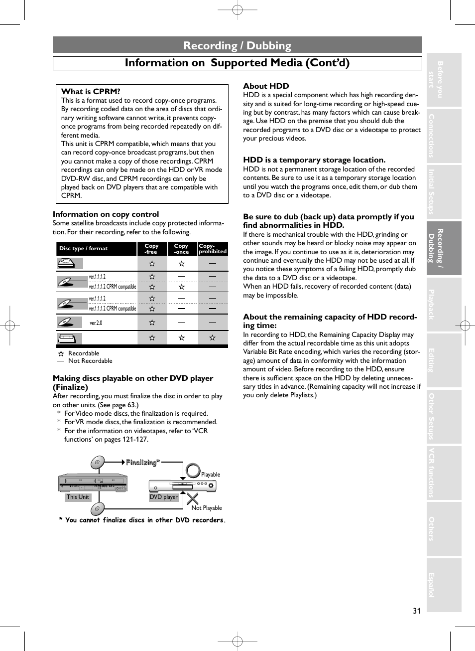 Recording / dubbing, Information on supported media (cont’d) | Sylvania HDRV200F User Manual | Page 39 / 156