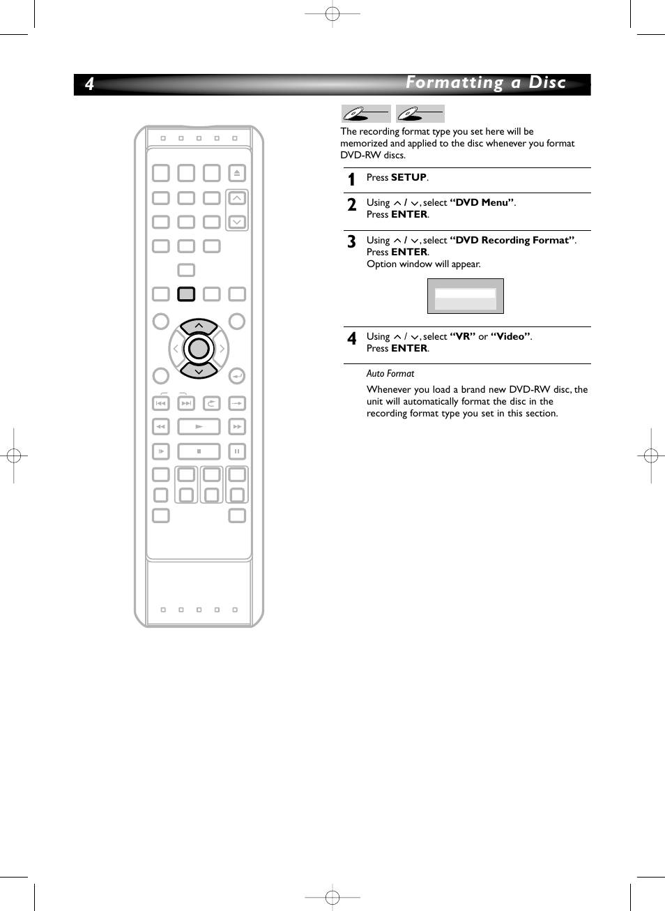 4formatting a disc, Press setup, Using / , select “dvd menu” . press enter | Sylvania HDRV200F User Manual | Page 4 / 156