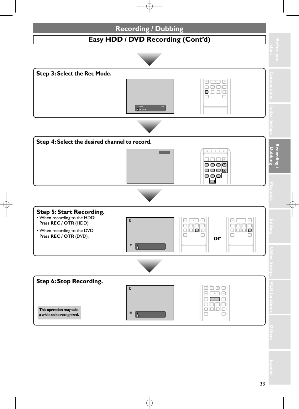 Recording / dubbing, Easy hdd / dvd recording (cont’d), Step 5: start recording | Step 6: stop recording, This operation may take a while to be recognized | Sylvania HDRV200F User Manual | Page 41 / 156