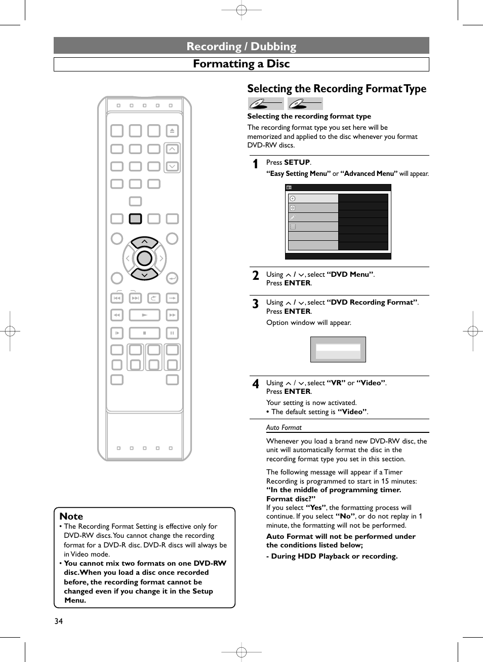 Selecting the recording format type, Recording / dubbing formatting a disc, Using / , select “dvd menu” . press enter | Sylvania HDRV200F User Manual | Page 42 / 156