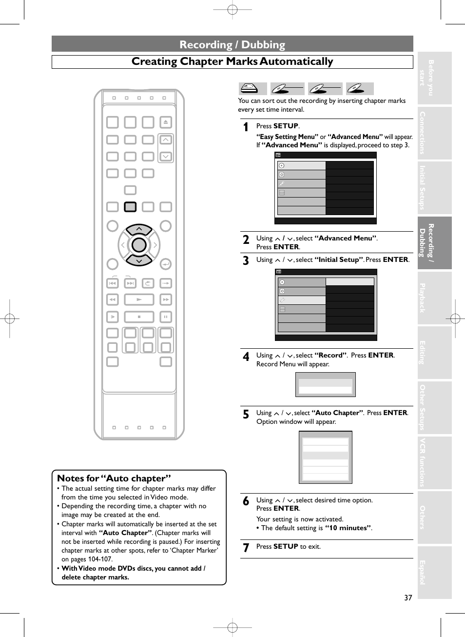Recording / dubbing, Creating chapter marks automatically, Using / , select “advanced menu” . press enter | Using / , select “initial setup” . press enter, Press setup to exit | Sylvania HDRV200F User Manual | Page 45 / 156