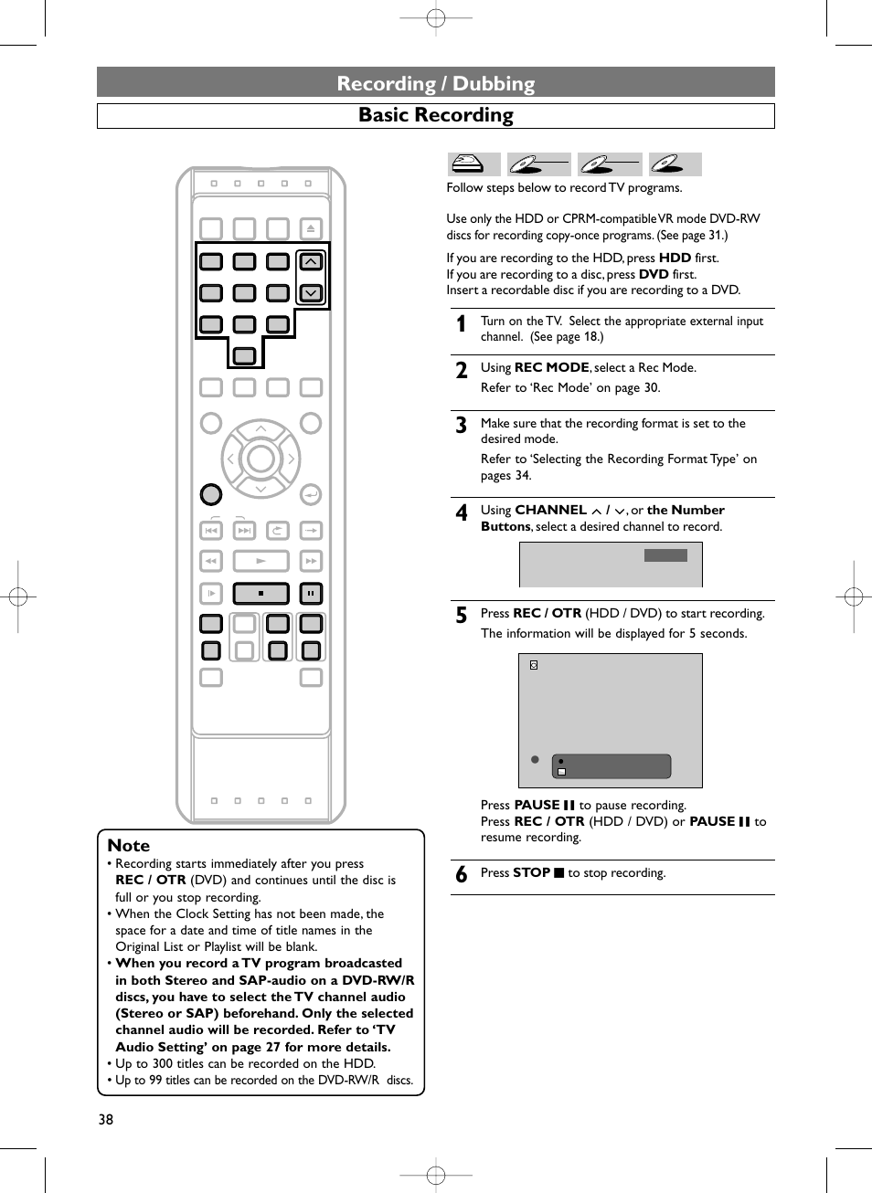 Recording / dubbing basic recording, Press stop c to stop recording | Sylvania HDRV200F User Manual | Page 46 / 156