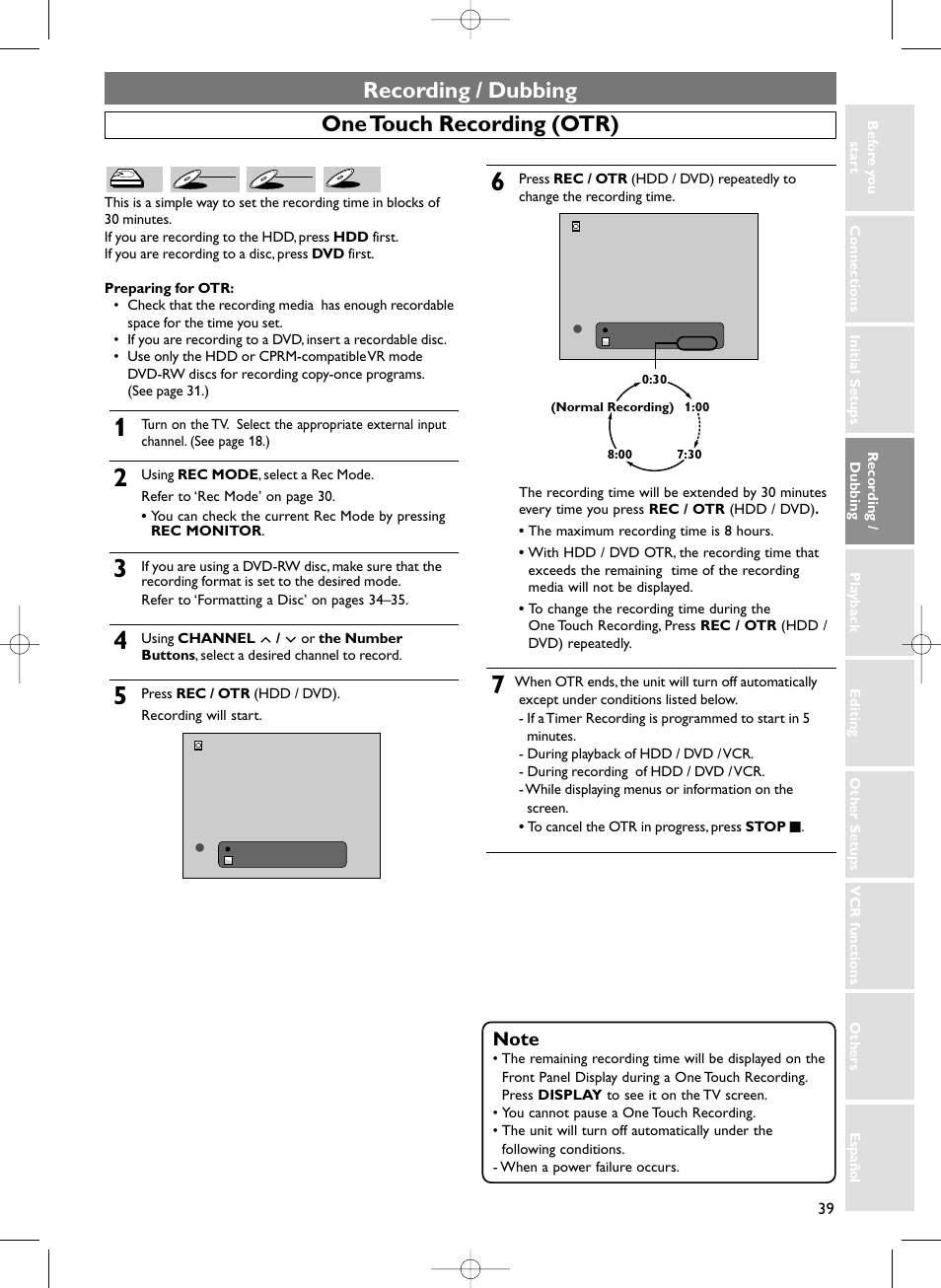 Recording / dubbing, One touch recording (otr) | Sylvania HDRV200F User Manual | Page 47 / 156