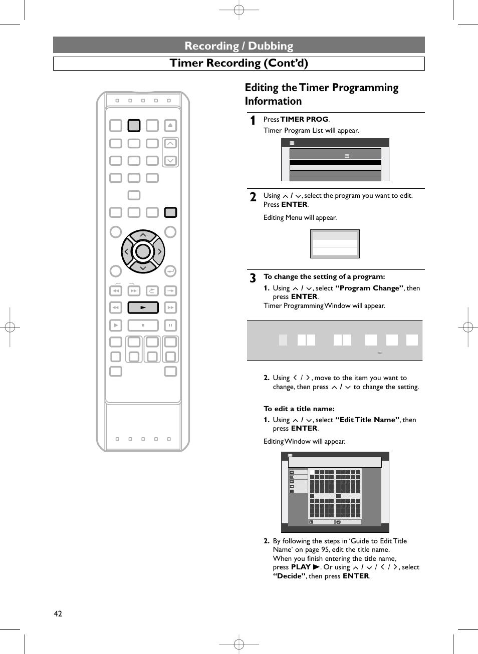 Recording / dubbing timer recording (cont’d), Editing the timer programming information, Press timer prog . timer program list will appear | Sylvania HDRV200F User Manual | Page 50 / 156