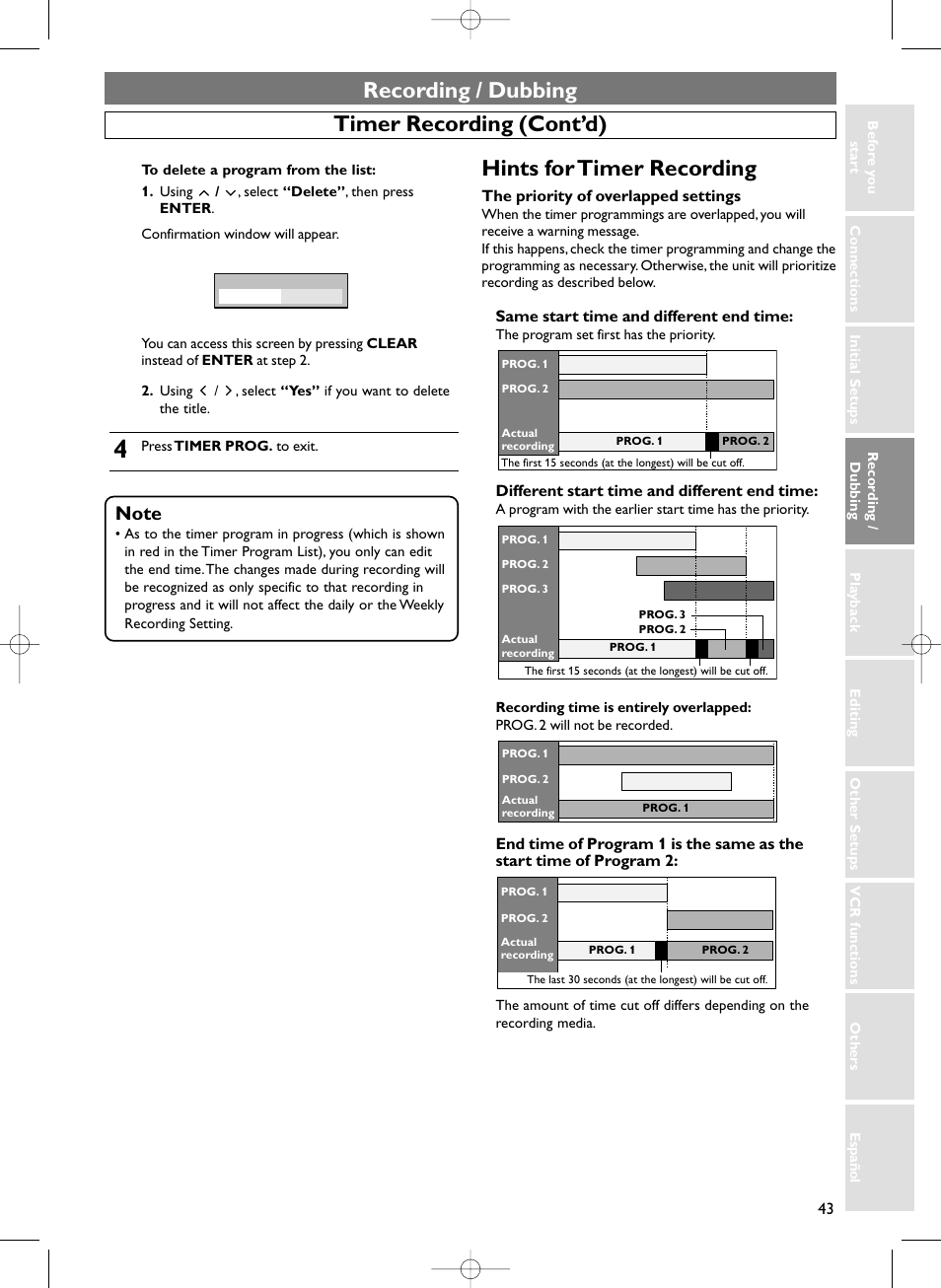 Recording / dubbing, Timer recording (cont’d), Hints for timer recording | Sylvania HDRV200F User Manual | Page 51 / 156