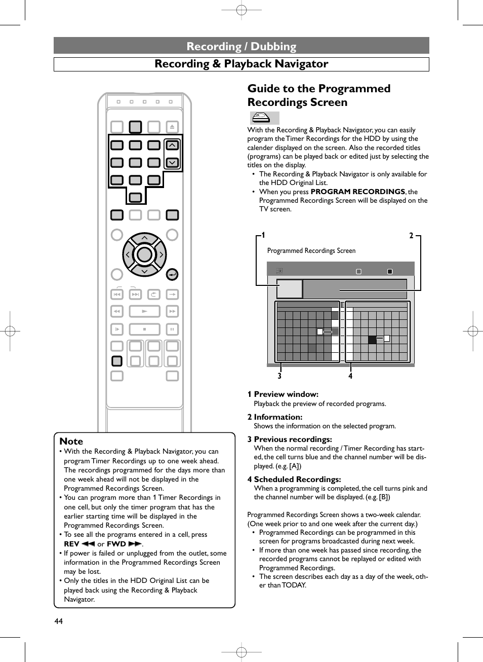 1 preview window, 2 information, 3 previous recordings | 4 scheduled recordings, Playback the preview of recorded programs, Shows the information on the selected program, Programmed recordings screen | Sylvania HDRV200F User Manual | Page 52 / 156