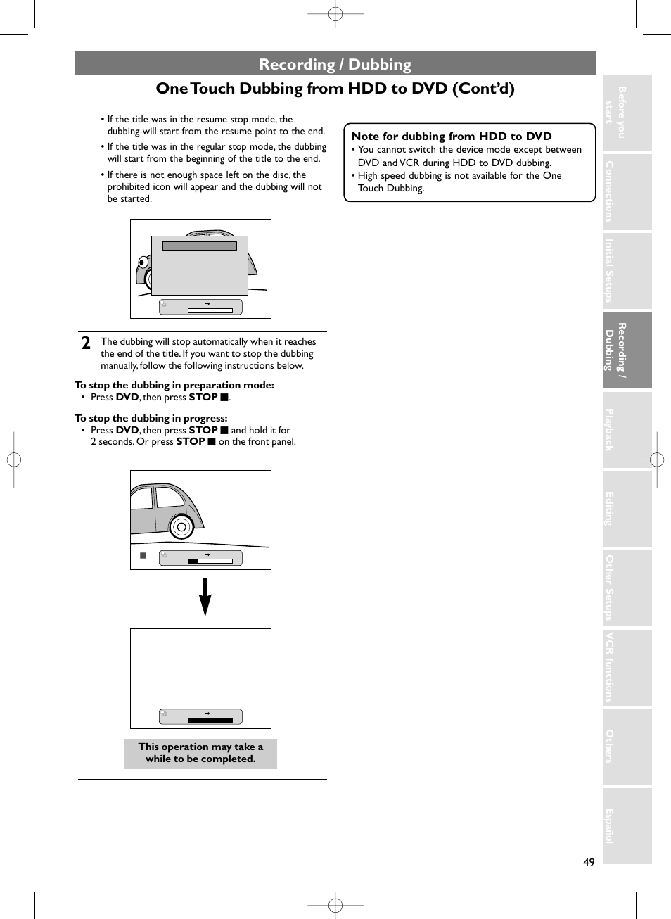 Recording / dubbing, One touch dubbing from hdd to dvd (cont’d) | Sylvania HDRV200F User Manual | Page 57 / 156