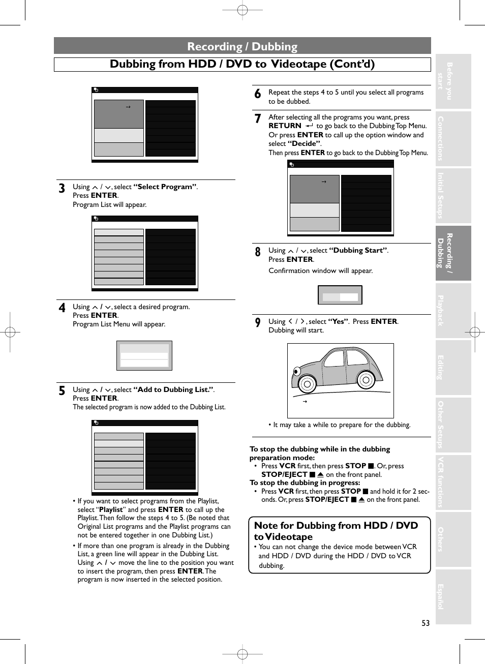 Recording / dubbing, Dubbing from hdd / dvd to videotape (cont’d) | Sylvania HDRV200F User Manual | Page 61 / 156