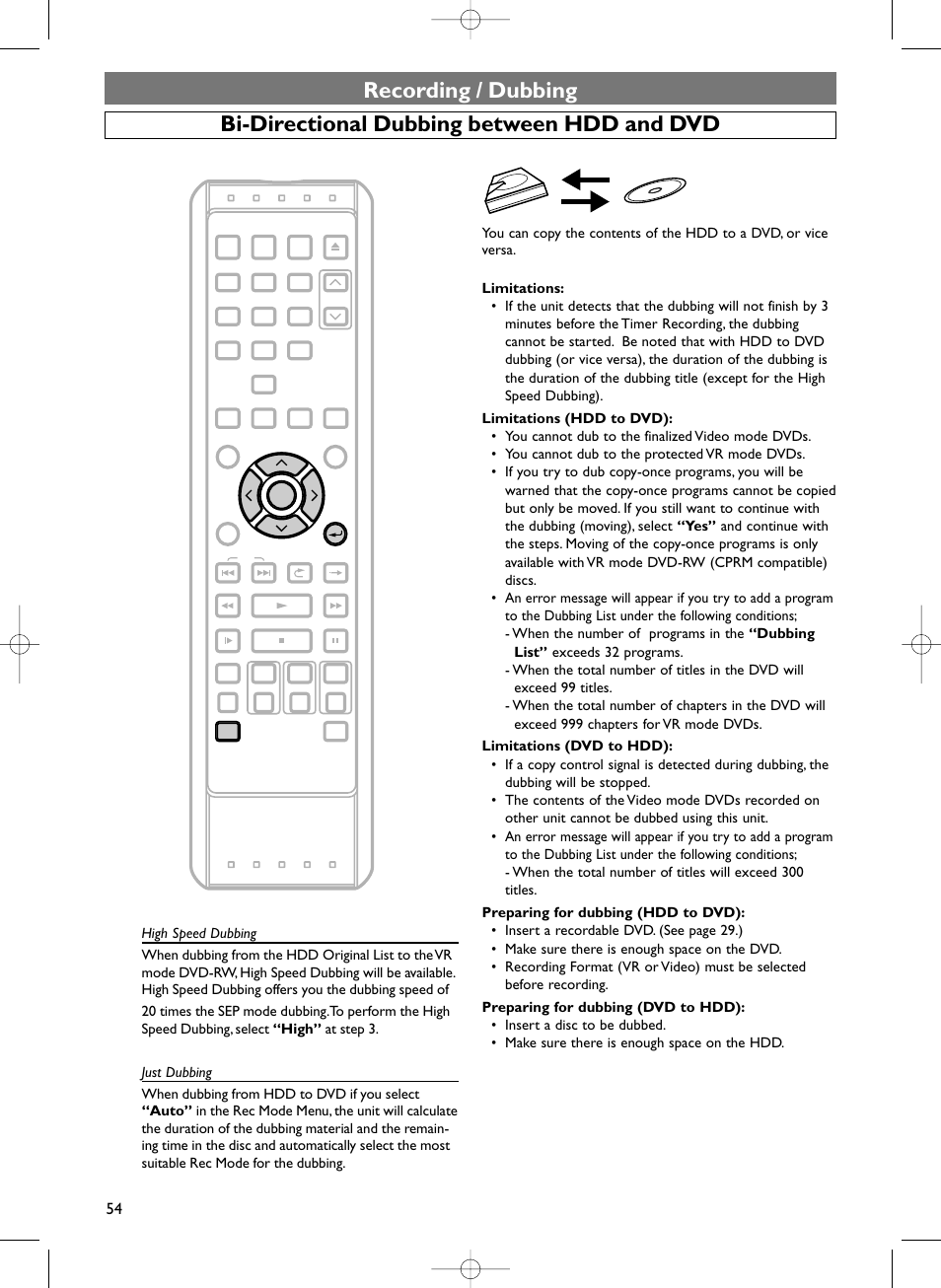 Recording / dubbing, Bi-directional dubbing between hdd and dvd | Sylvania HDRV200F User Manual | Page 62 / 156