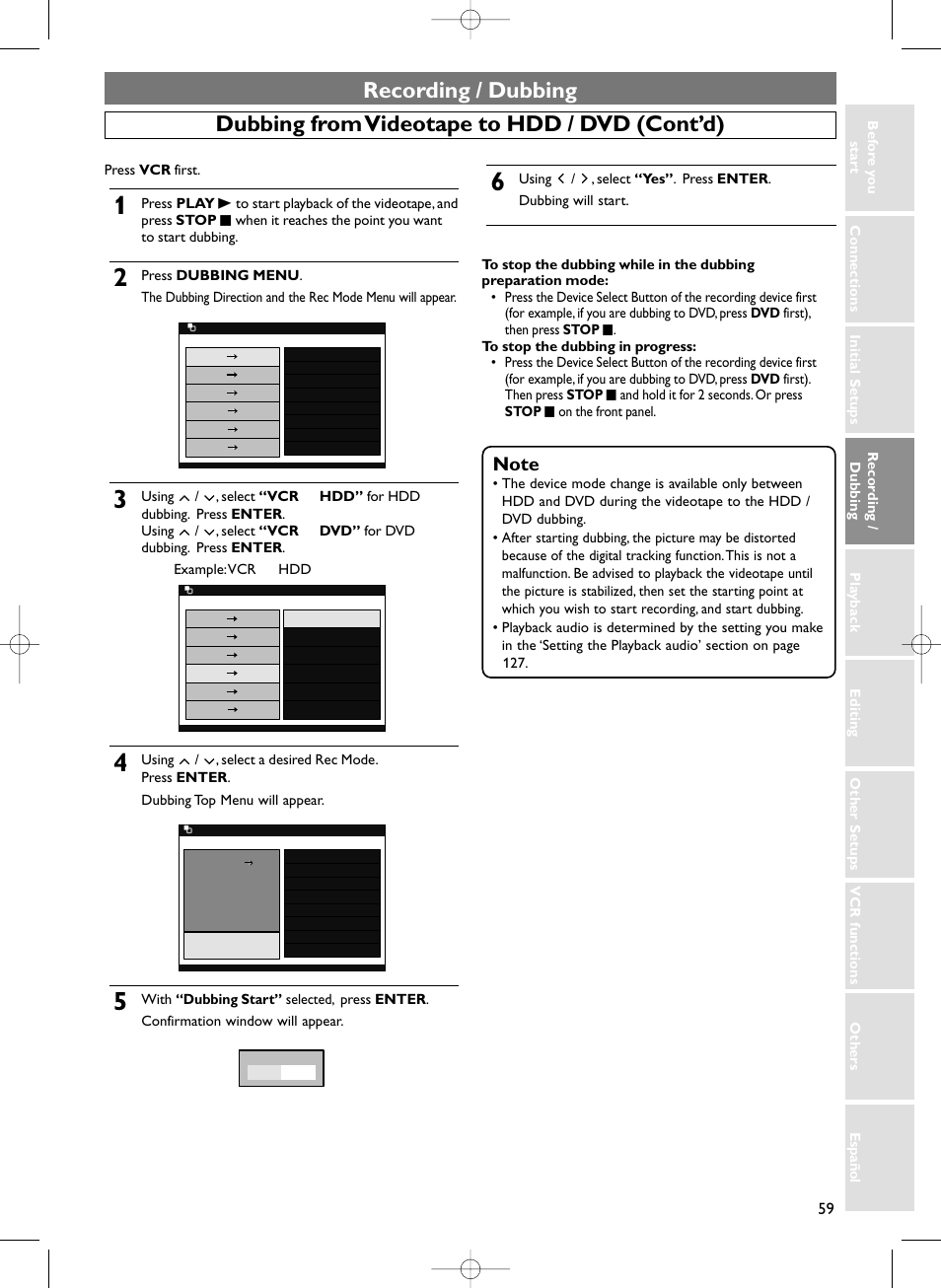 Recording / dubbing, Dubbing from videotape to hdd / dvd (cont’d) | Sylvania HDRV200F User Manual | Page 67 / 156