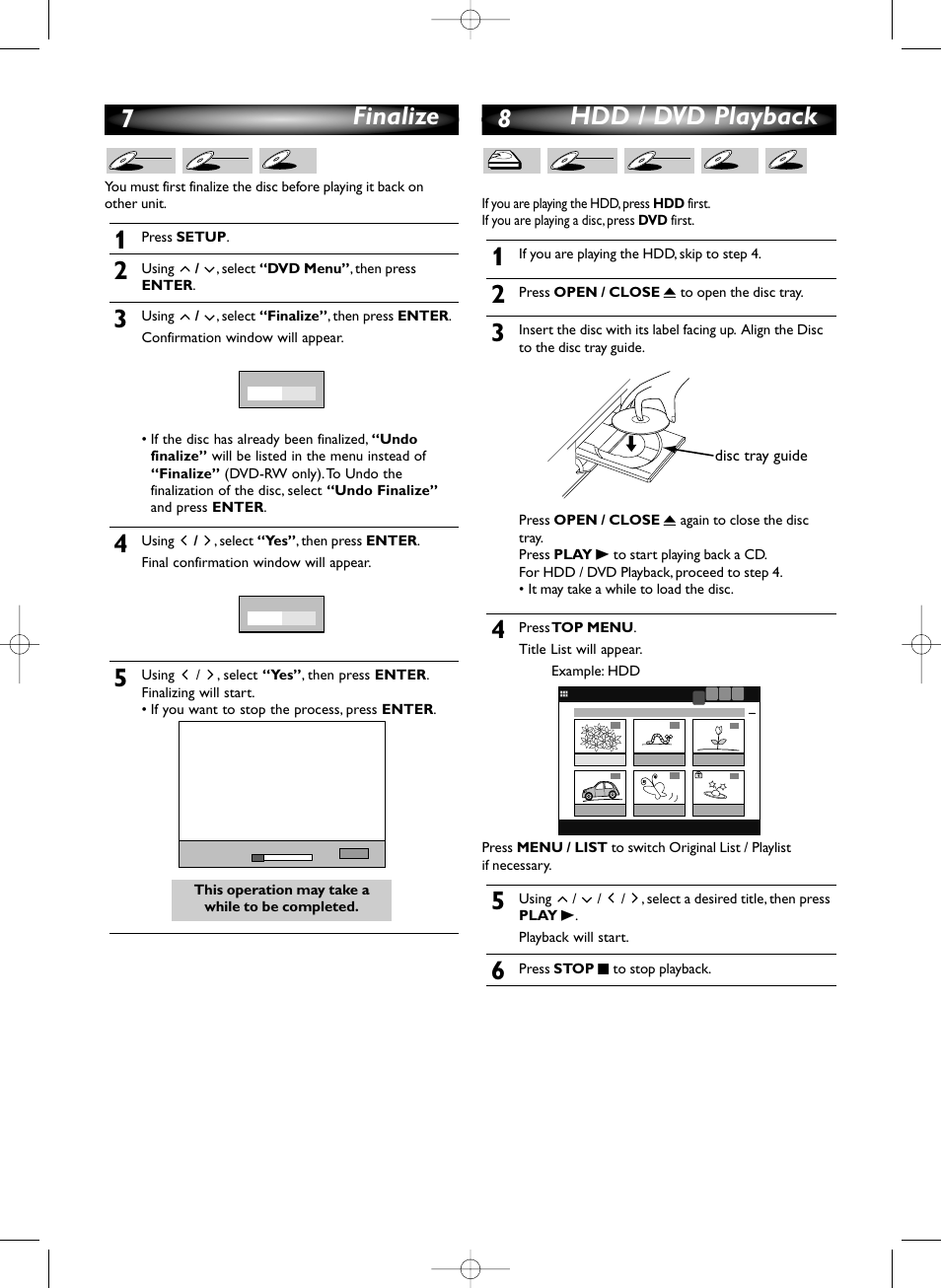 7finalize 8 hdd / dvd playback, Disc tray guide | Sylvania HDRV200F User Manual | Page 7 / 156
