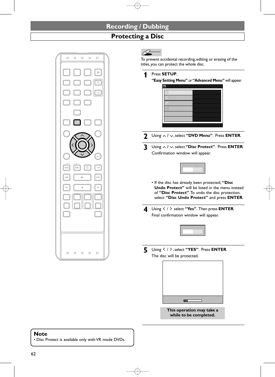Recording / dubbing protecting a disc, Using / , select “dvd menu” . press enter | Sylvania HDRV200F User Manual | Page 70 / 156