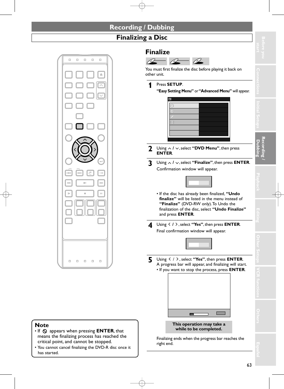 Recording / dubbing, Finalizing a disc, Finalize | Using / , select “dvd menu” , then press enter | Sylvania HDRV200F User Manual | Page 71 / 156