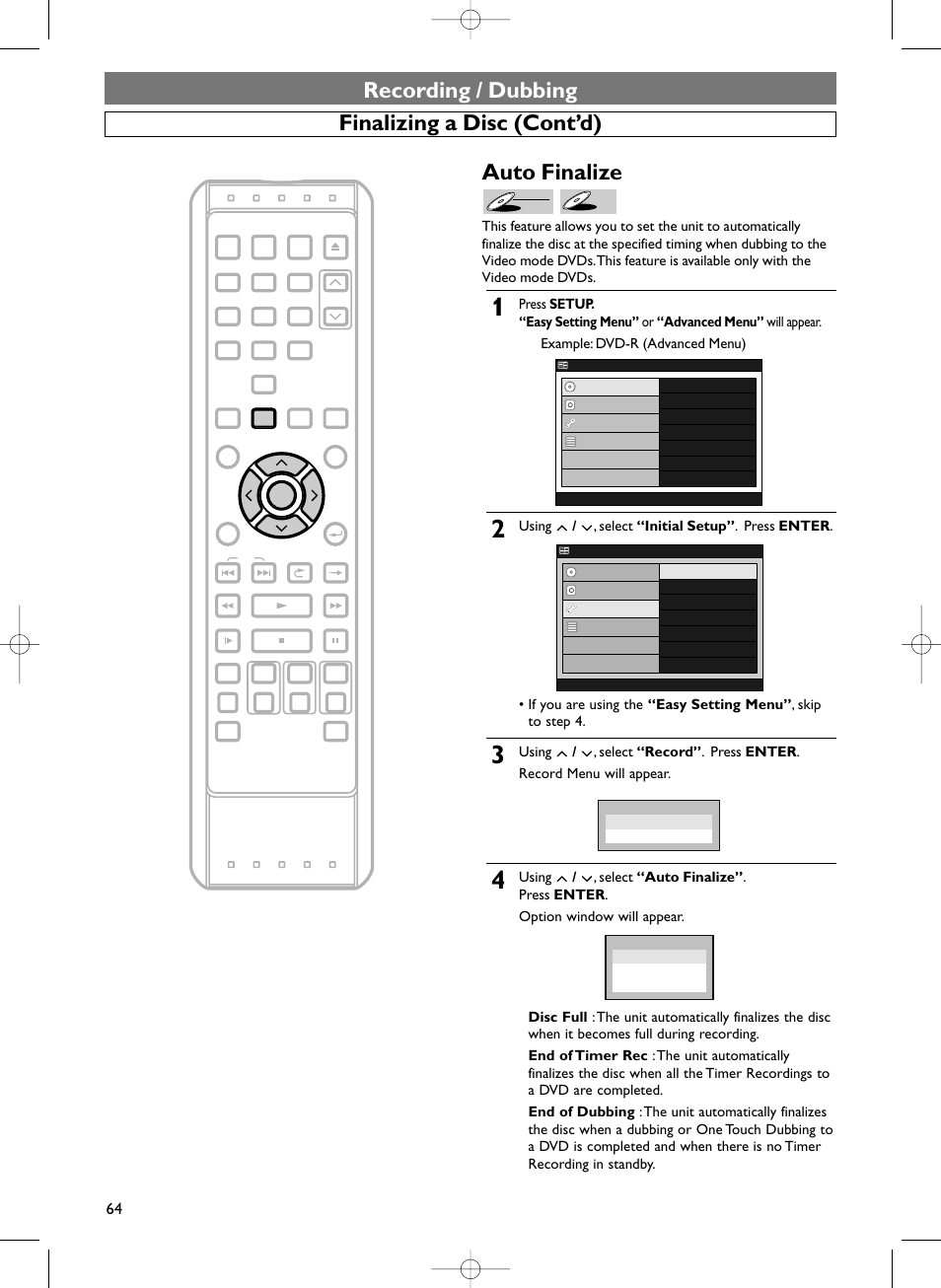 Recording / dubbing finalizing a disc (cont’d), Auto finalize | Sylvania HDRV200F User Manual | Page 72 / 156