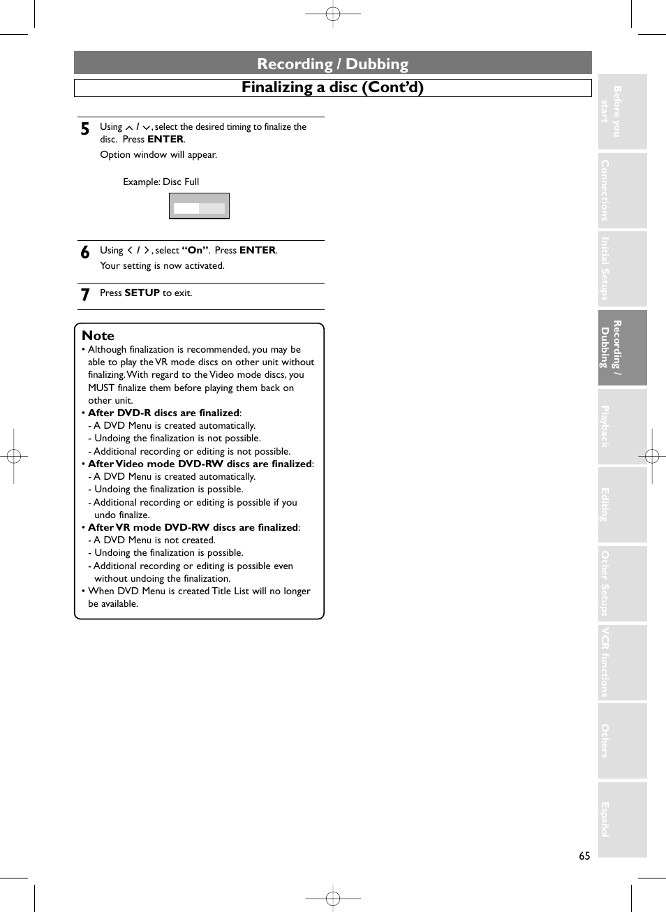 Recording / dubbing, Finalizing a disc (cont’d) | Sylvania HDRV200F User Manual | Page 73 / 156