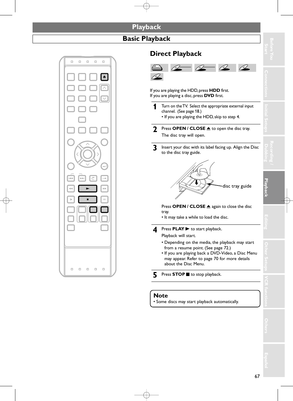 Playback, Basic playback direct playback, Disc tray guide | Sylvania HDRV200F User Manual | Page 75 / 156