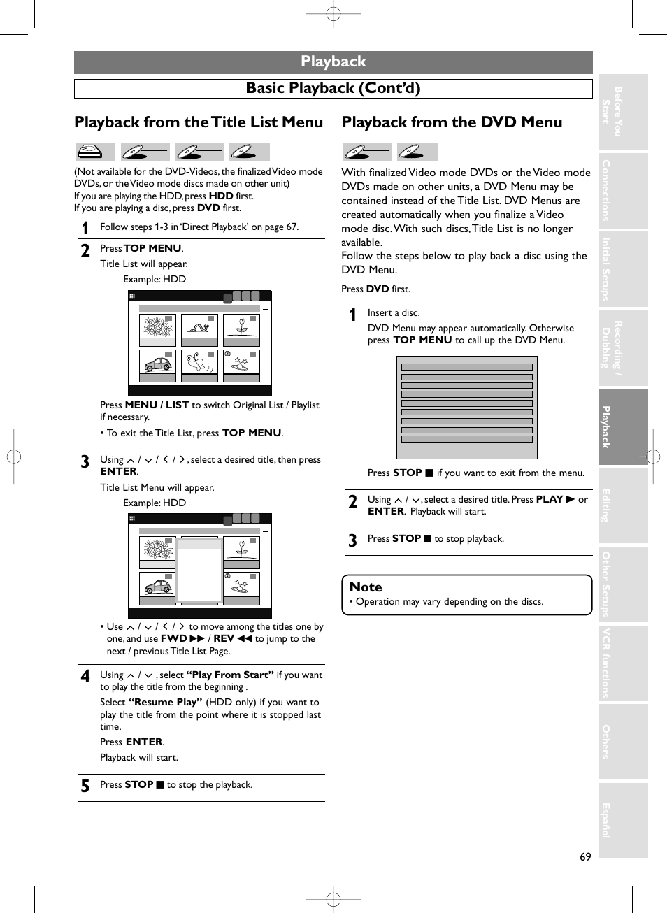 Playback, Playback from the dvd menu, Follow steps 1-3 in ‘direct playback’ on page 67 | Press stop c to stop the playback, Press dvd first, Press stop c to stop playback, Operation may vary depending on the discs | Sylvania HDRV200F User Manual | Page 77 / 156