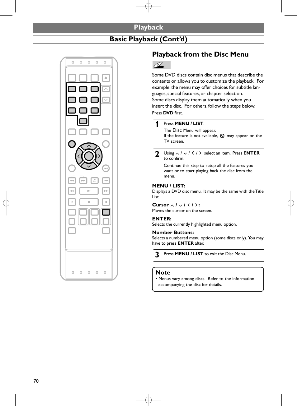 Playback from the disc menu, Playback basic playback (cont’d), Disc | Menu / list, Cursor, Enter, Number buttons, Press dvd first, Press menu / list . the, Moves the cursor on the screen | Sylvania HDRV200F User Manual | Page 78 / 156