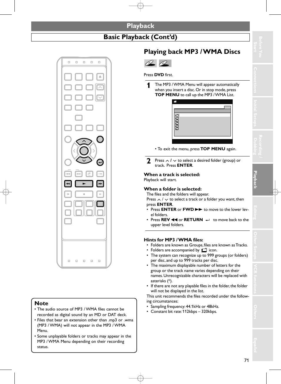 Playback, Basic playback (cont’d), Playing back mp3 / wma discs | When a track is selected, When a folder is selected, Hints for mp3 / wma files | Sylvania HDRV200F User Manual | Page 79 / 156