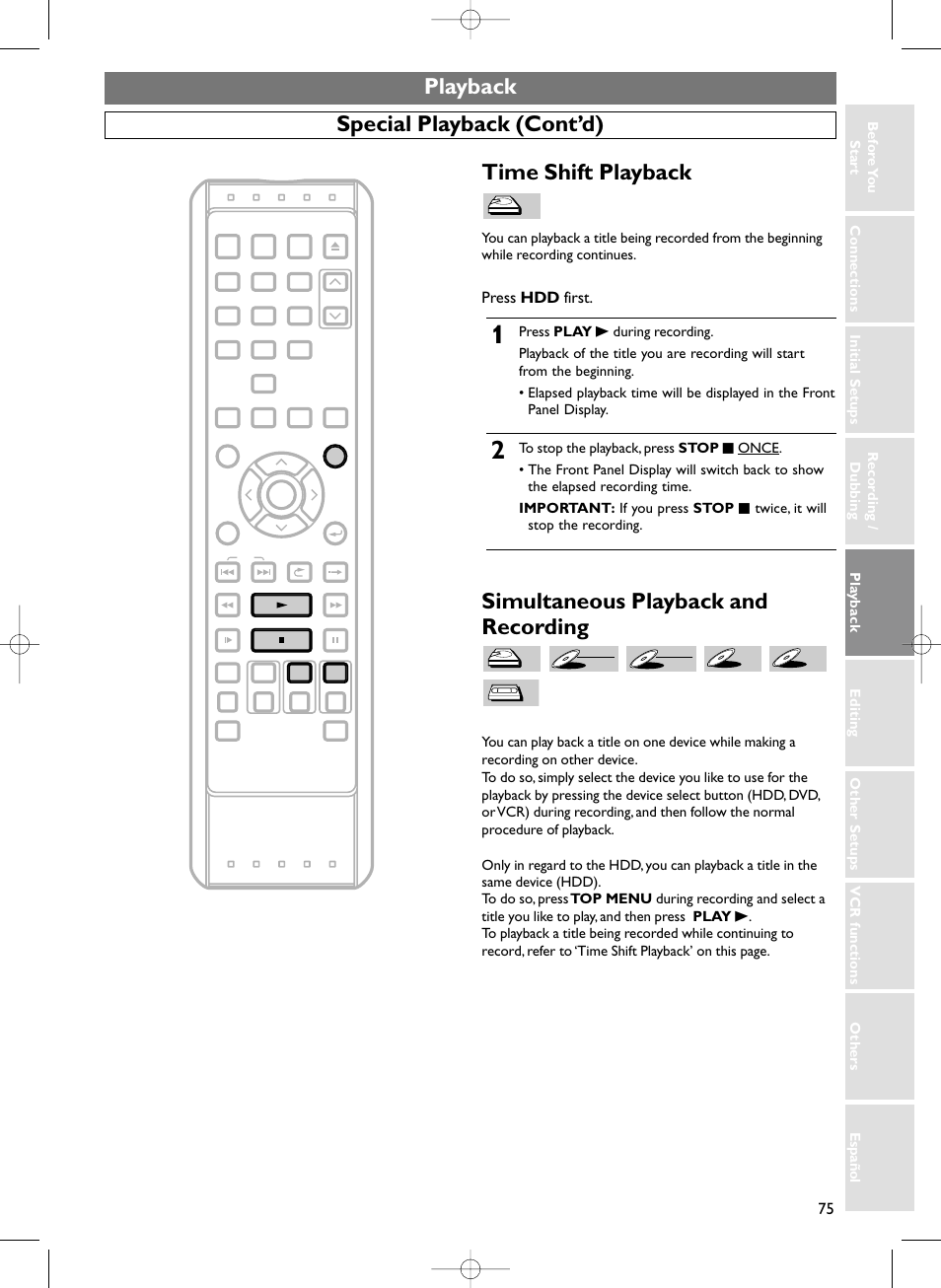 Playback, Special playback (cont’d) time shift playback, Simultaneous playback and recording | Press hdd first | Sylvania HDRV200F User Manual | Page 83 / 156