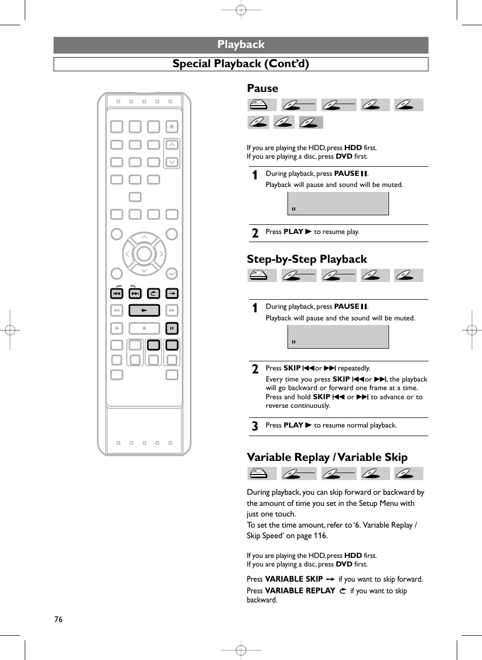 Playback, Special playback (cont’d) pause, Step-by-step playback | Variable replay / variable skip | Sylvania HDRV200F User Manual | Page 84 / 156