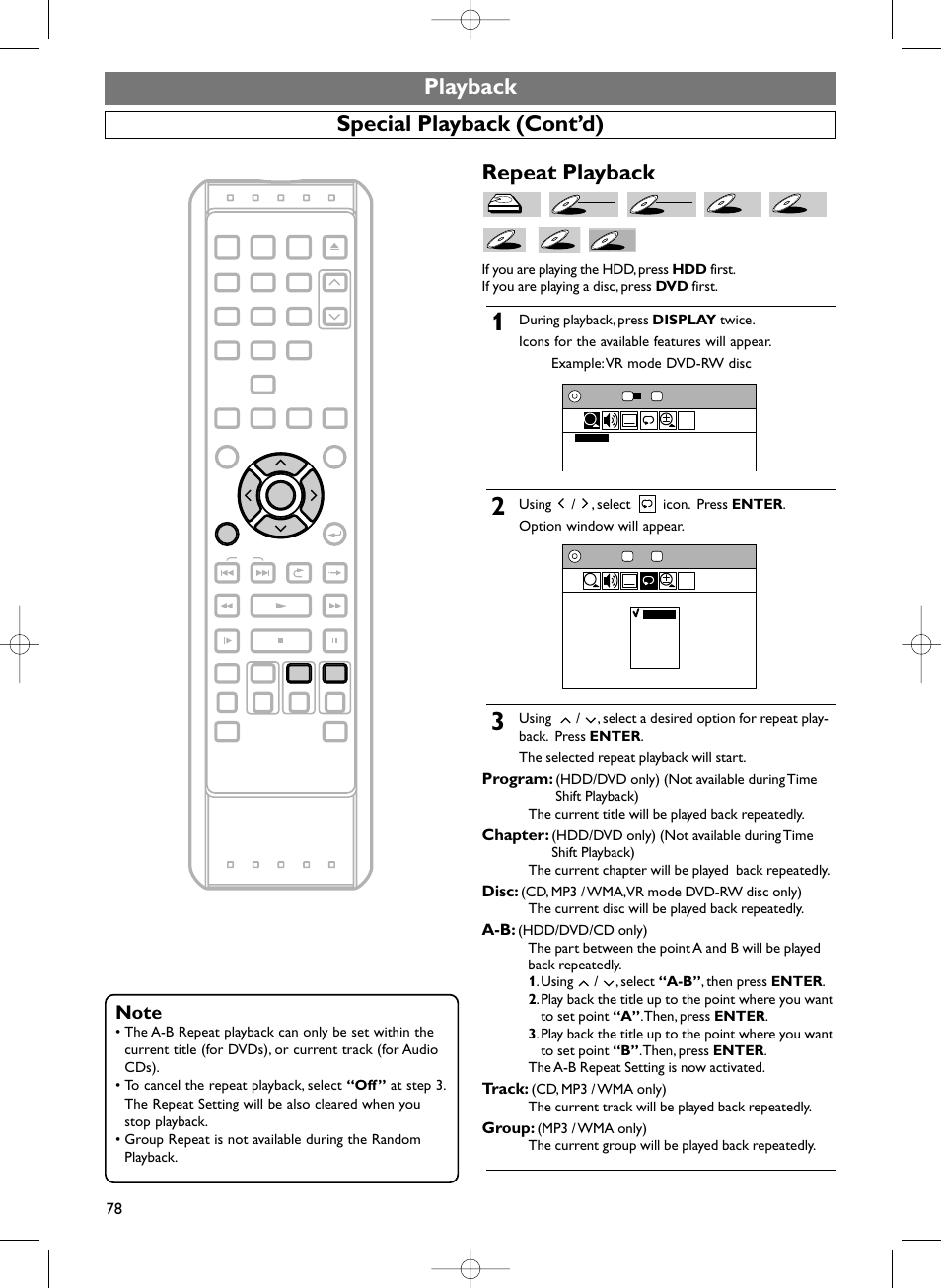 Playback special playback (cont’d), Repeat playback, Program | Chapter, Disc, Track, Group | Sylvania HDRV200F User Manual | Page 86 / 156
