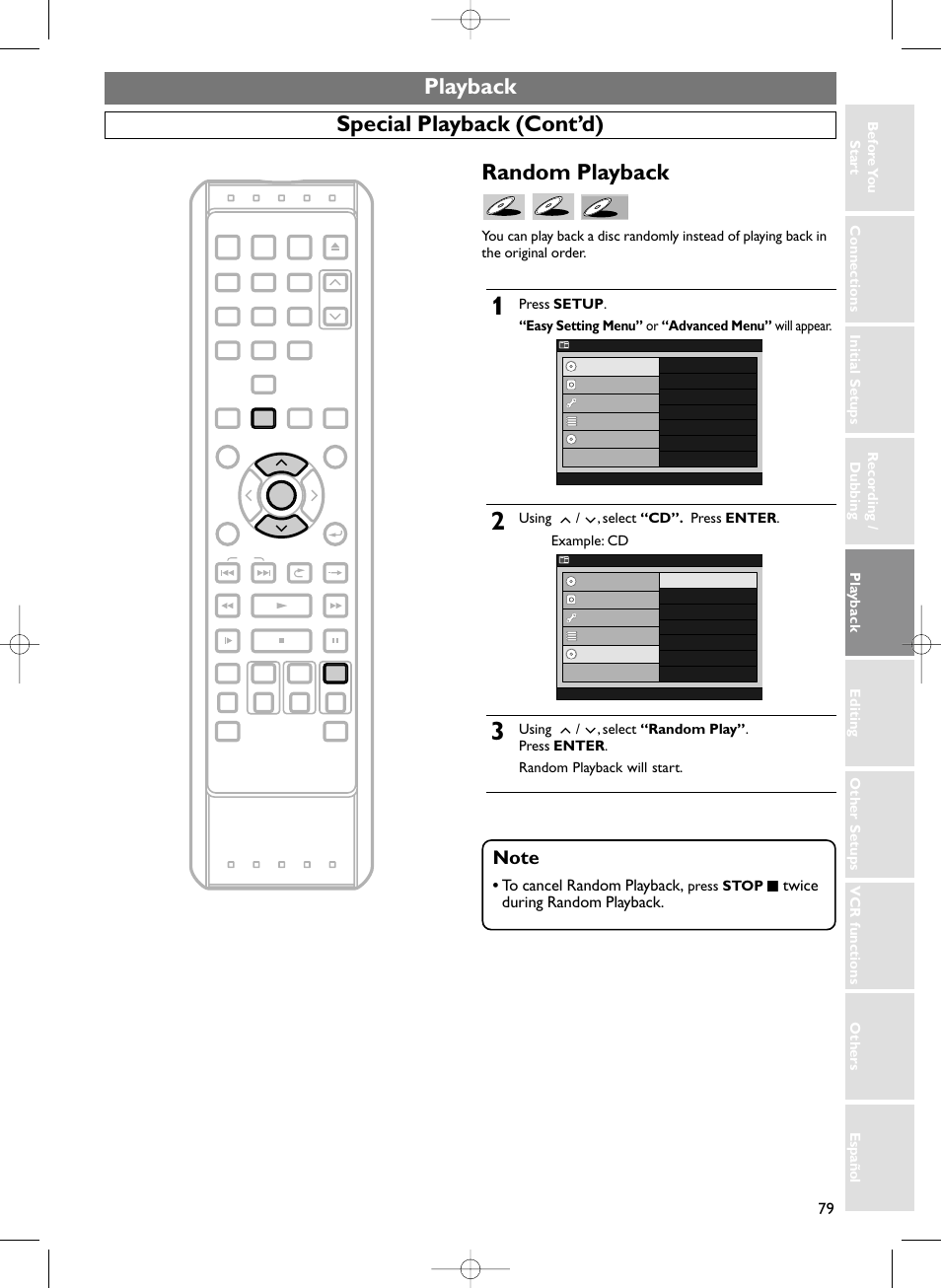 Playback, Special playback (cont’d), Random playback | Twice during random playback, Using / , select “cd”. press enter . example: cd, Press stop c | Sylvania HDRV200F User Manual | Page 87 / 156
