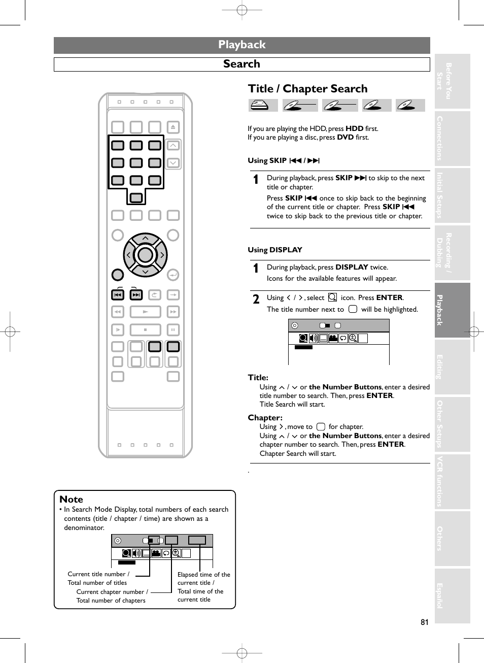 Playback, Title / chapter search, Search | Title, Chapter | Sylvania HDRV200F User Manual | Page 89 / 156