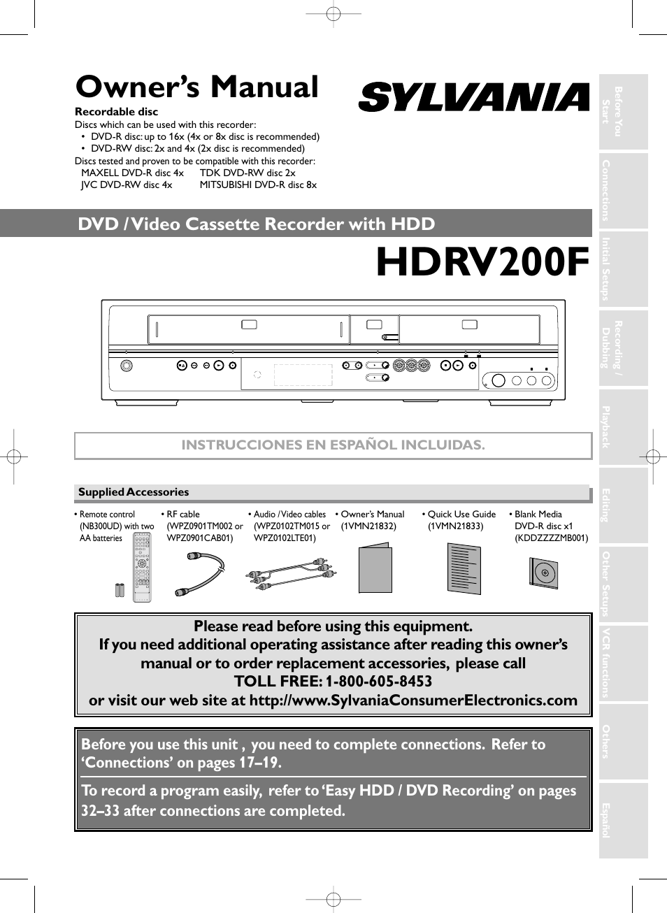 Hdrv 200f, Owner’s manual, Dvd / video cassette recorder with hdd | Instrucciones en español incluidas | Sylvania HDRV200F User Manual | Page 9 / 156