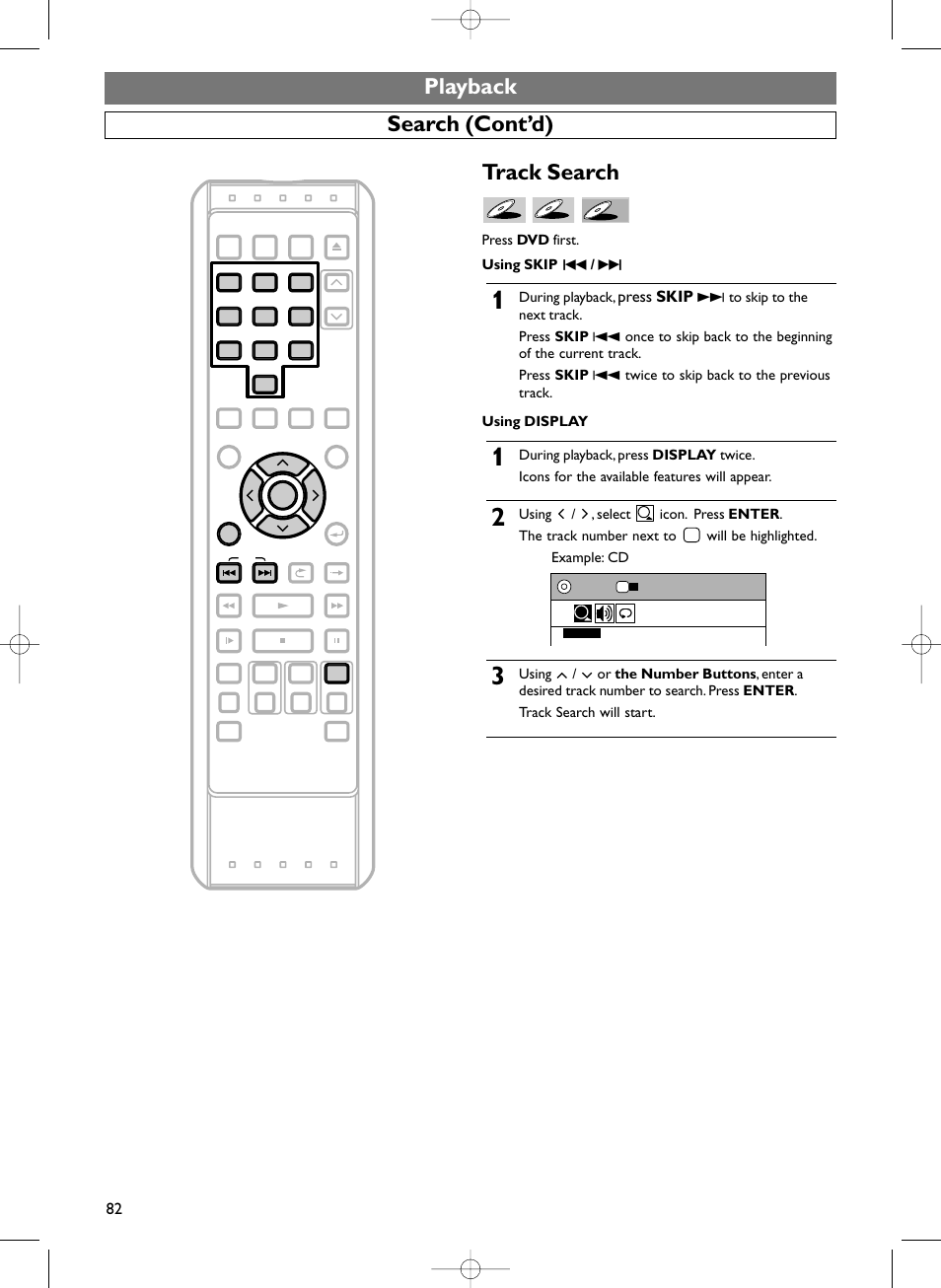 Playback search (cont’d) track search, Press skip, Press dvd first. using skip h / g | During playback | Sylvania HDRV200F User Manual | Page 90 / 156