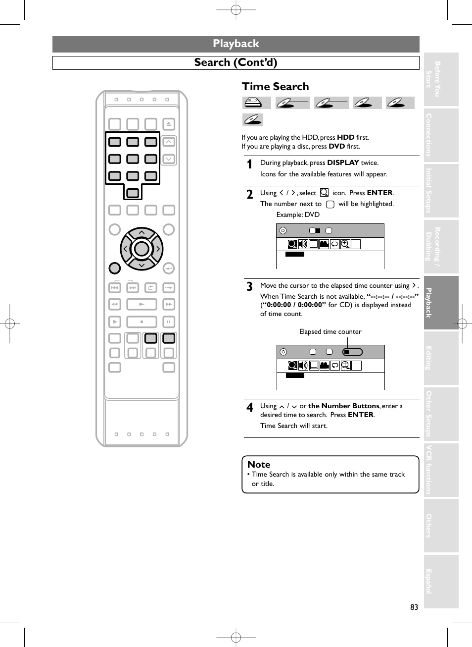 Playback, Search (cont’d) time search | Sylvania HDRV200F User Manual | Page 91 / 156