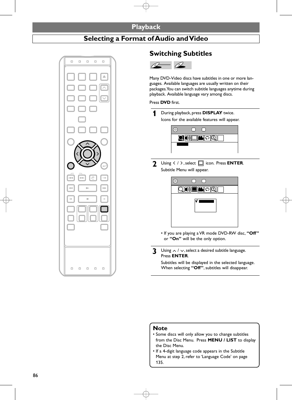 Playback selecting a format of audio and video, Switching subtitles | Sylvania HDRV200F User Manual | Page 94 / 156