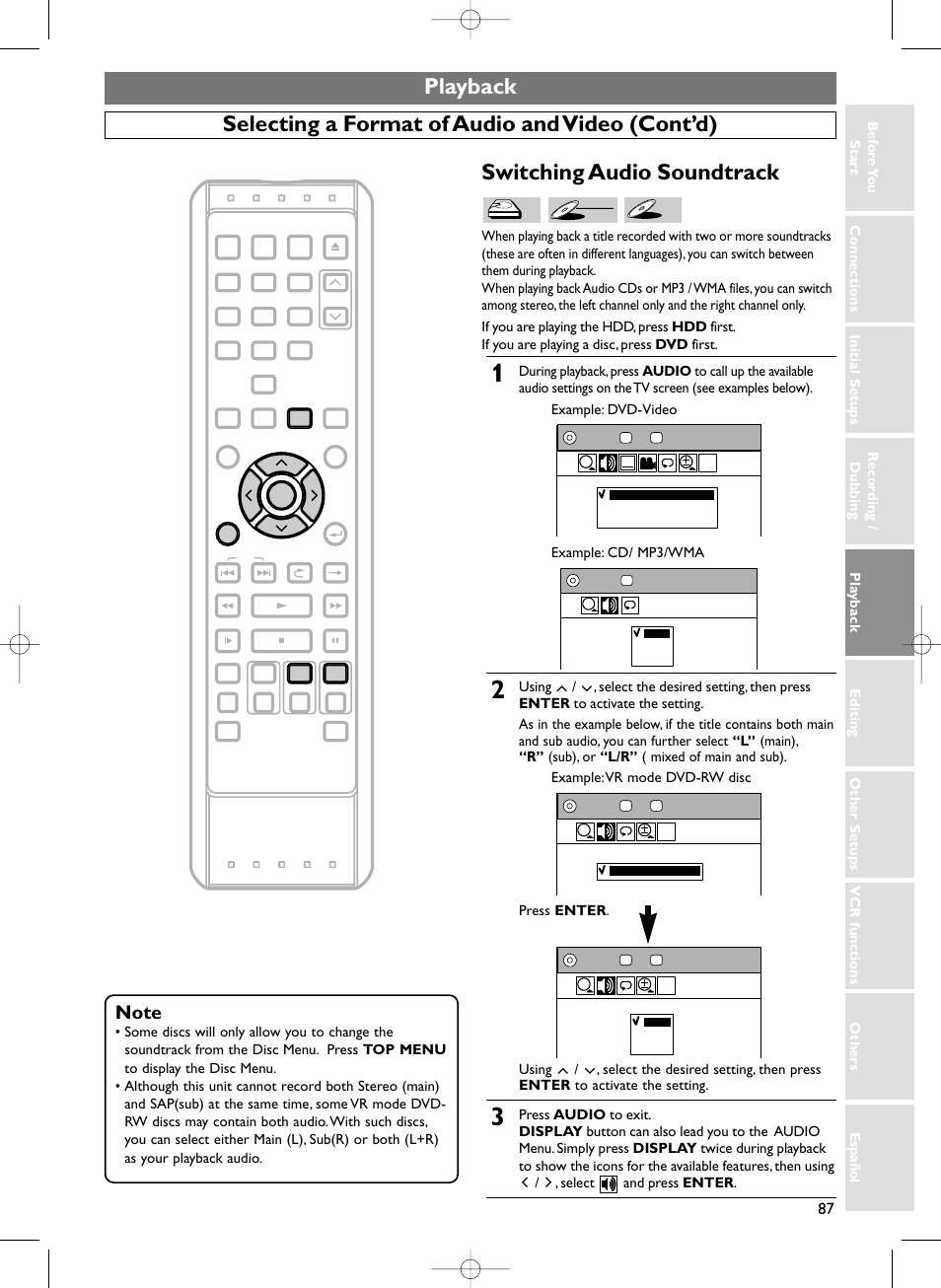 Switching audio soundtrack, Playback, Selecting a format of audio and video (cont’d) | Sylvania HDRV200F User Manual | Page 95 / 156