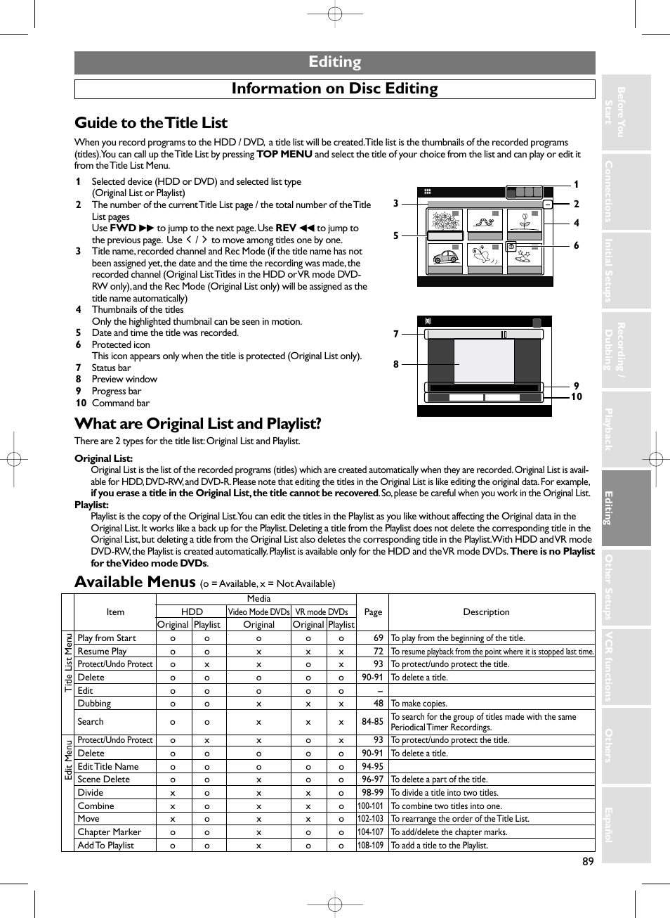 Editing, Available menus, Information on disc editing | Guide to the title list, What are original list and playlist | Sylvania HDRV200F User Manual | Page 97 / 156