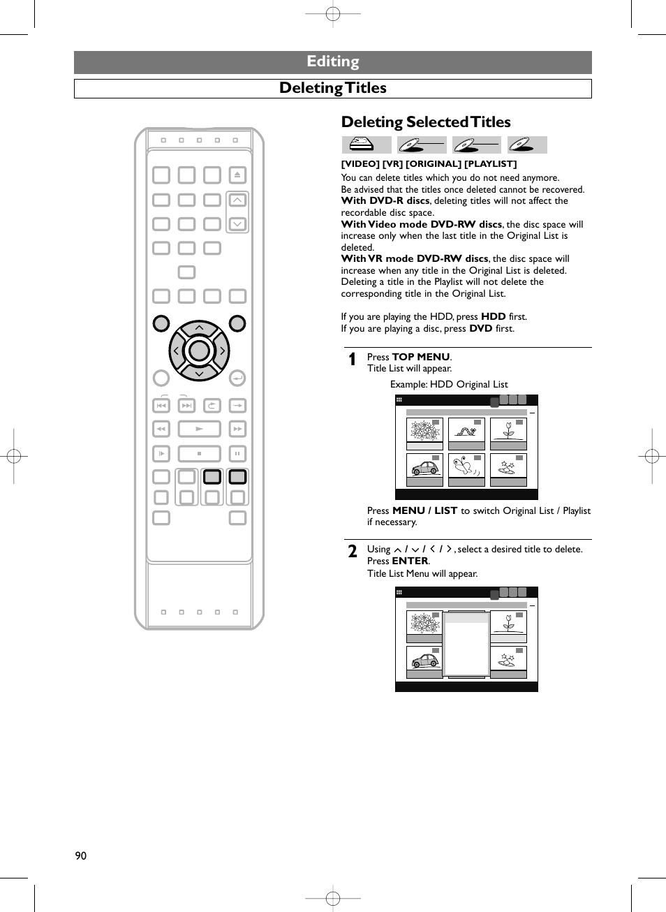 Editing, Deleting selected titles, Deleting titles | Video] [vr] [original] [playlist, Dvd-r, Dvd-r dvd-rw dvd-rw, Dvd-rw | Sylvania HDRV200F User Manual | Page 98 / 156