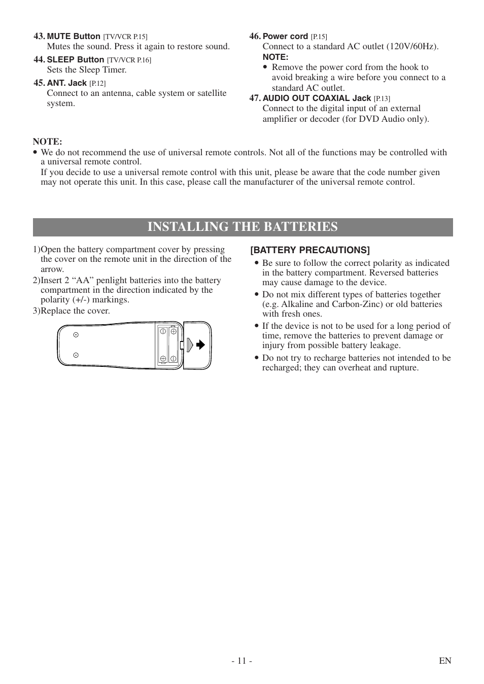Installing the batteries | Sylvania 6724DF User Manual | Page 11 / 56