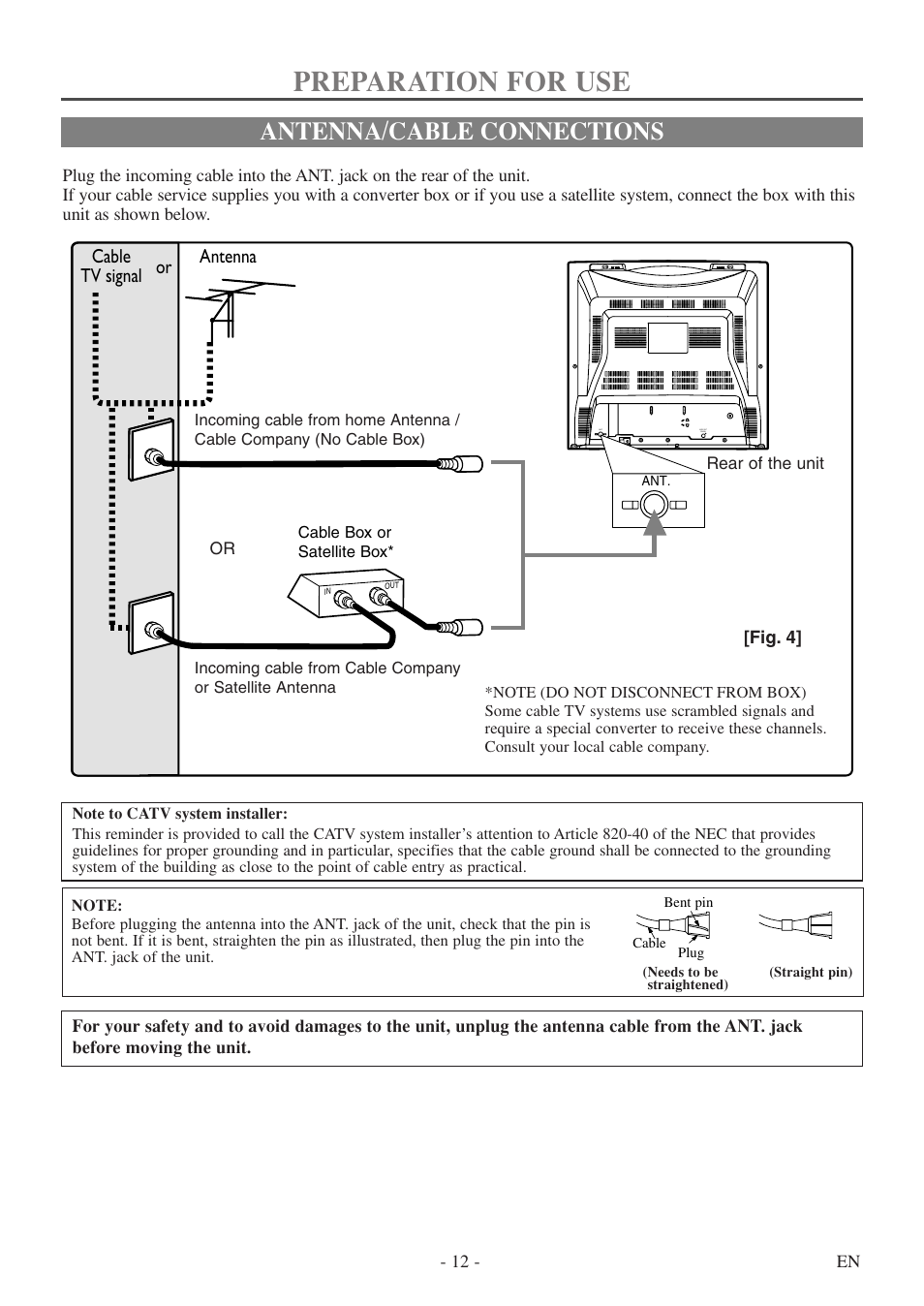 Preparation for use, Antenna/cable connections, Cable tv signal antenna or | Sylvania 6724DF User Manual | Page 12 / 56