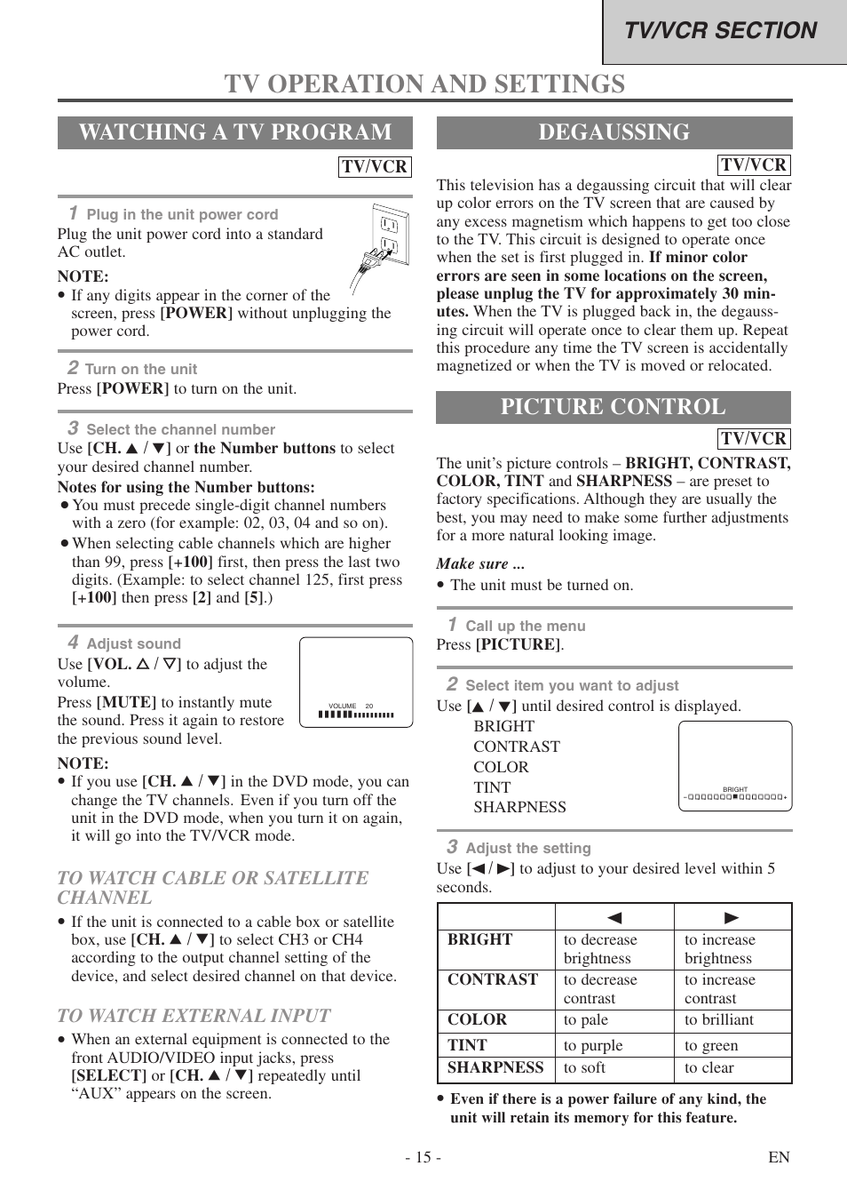 Tv operation and settings, Degaussing, Watching a tv program | Picture control, Tv/vcr | Sylvania 6724DF User Manual | Page 15 / 56