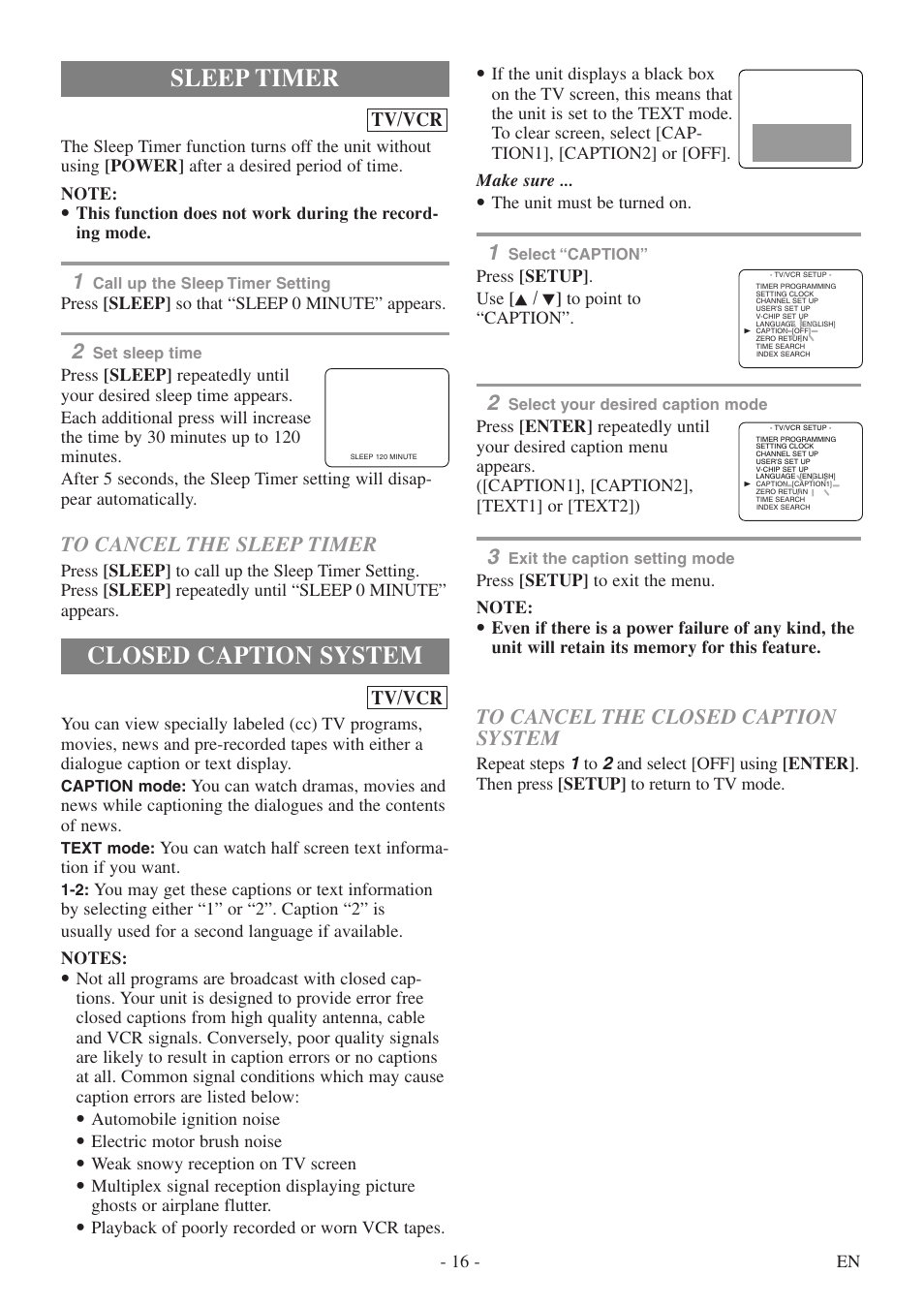 Closed caption system, Sleep timer | Sylvania 6724DF User Manual | Page 16 / 56