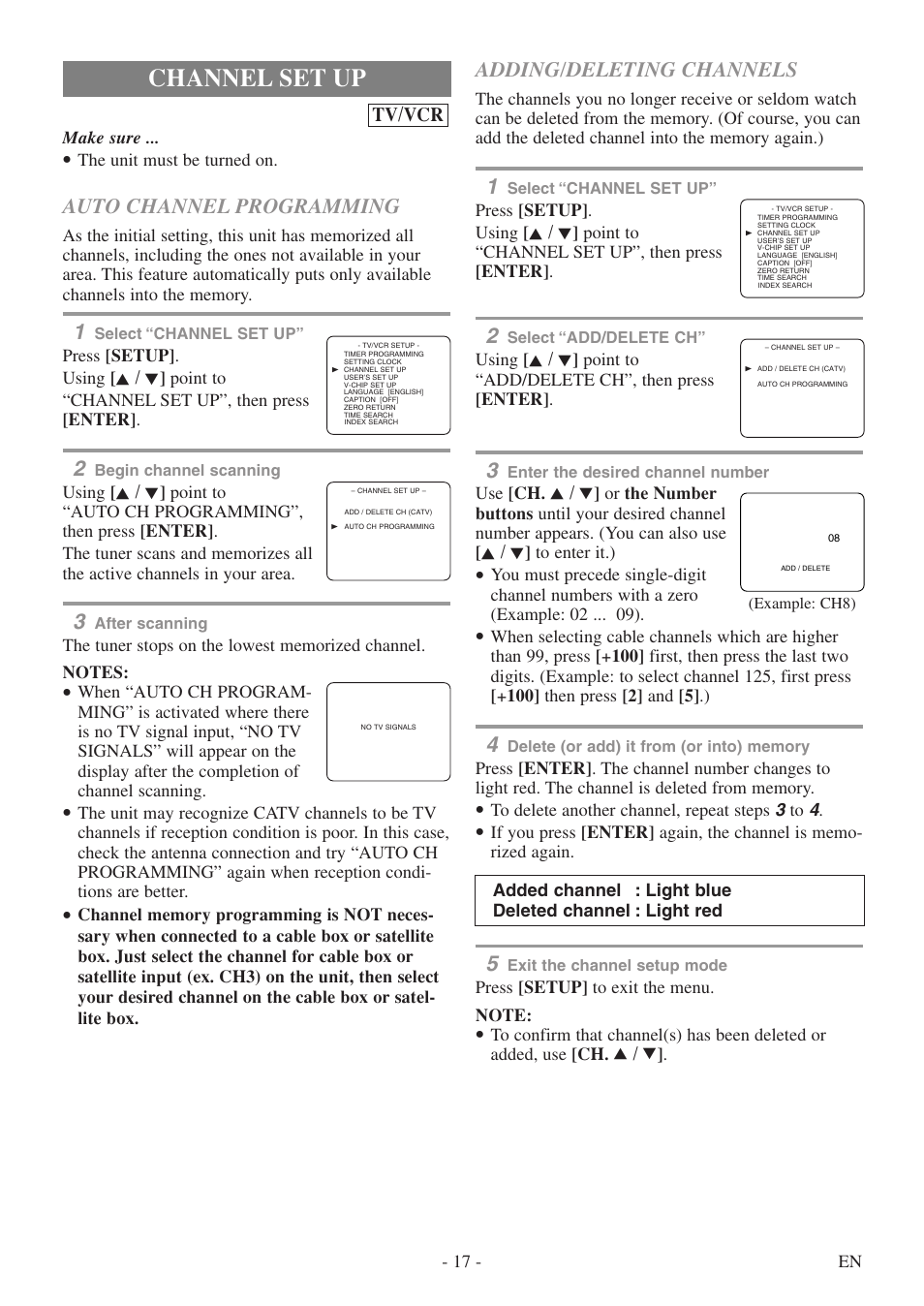 Channel set up, Auto channel programming, Adding/deleting channels | Tv/vcr | Sylvania 6724DF User Manual | Page 17 / 56