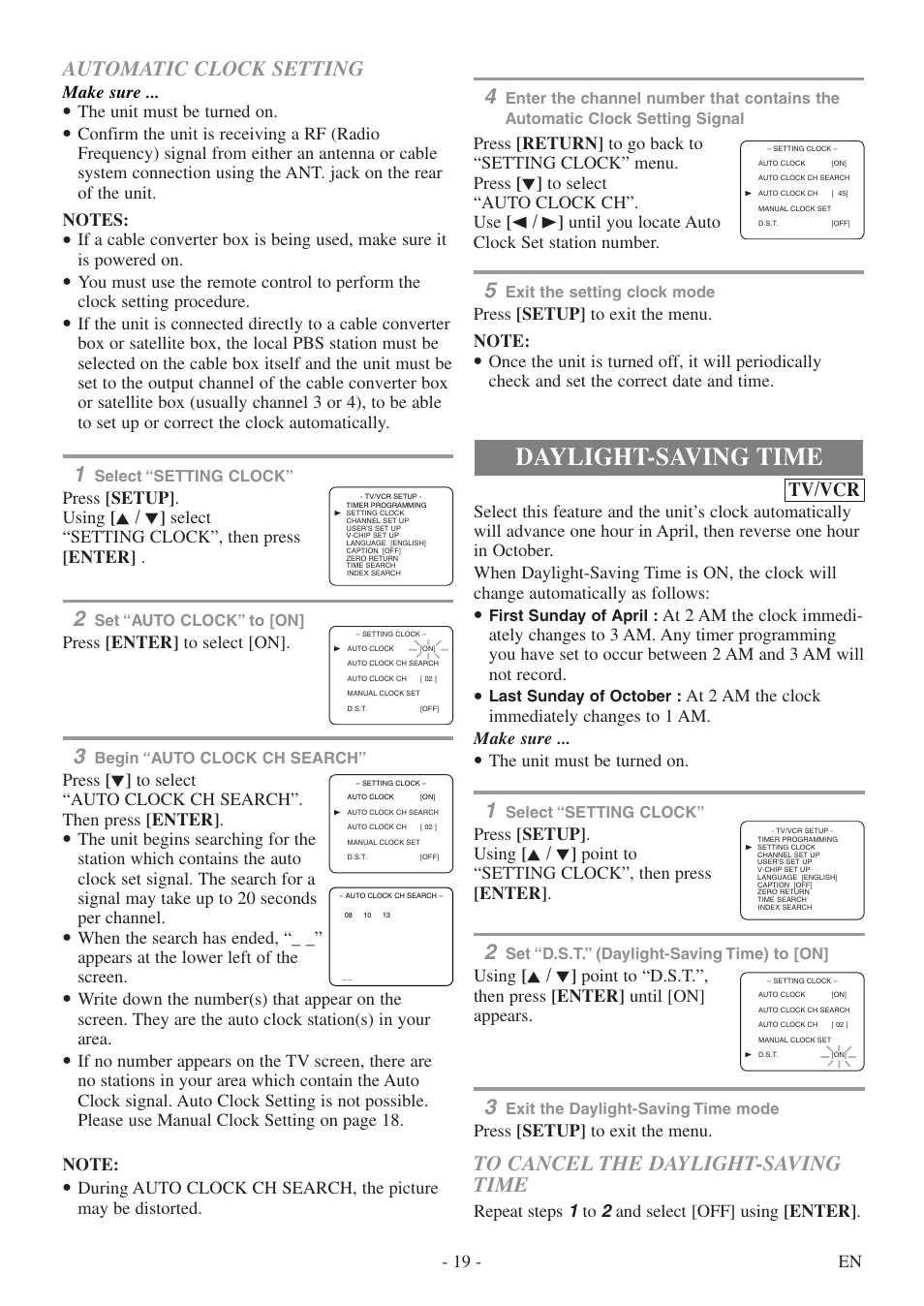Daylight-saving time, Automatic clock setting, Tv/vcr | 19 - en, The unit must be turned on, Press [setup] to exit the menu, Repeat steps 1 to 2 and select [off] using [enter, Until you locate auto clock set station number, Make sure, Press [enter] to select [on | Sylvania 6724DF User Manual | Page 19 / 56